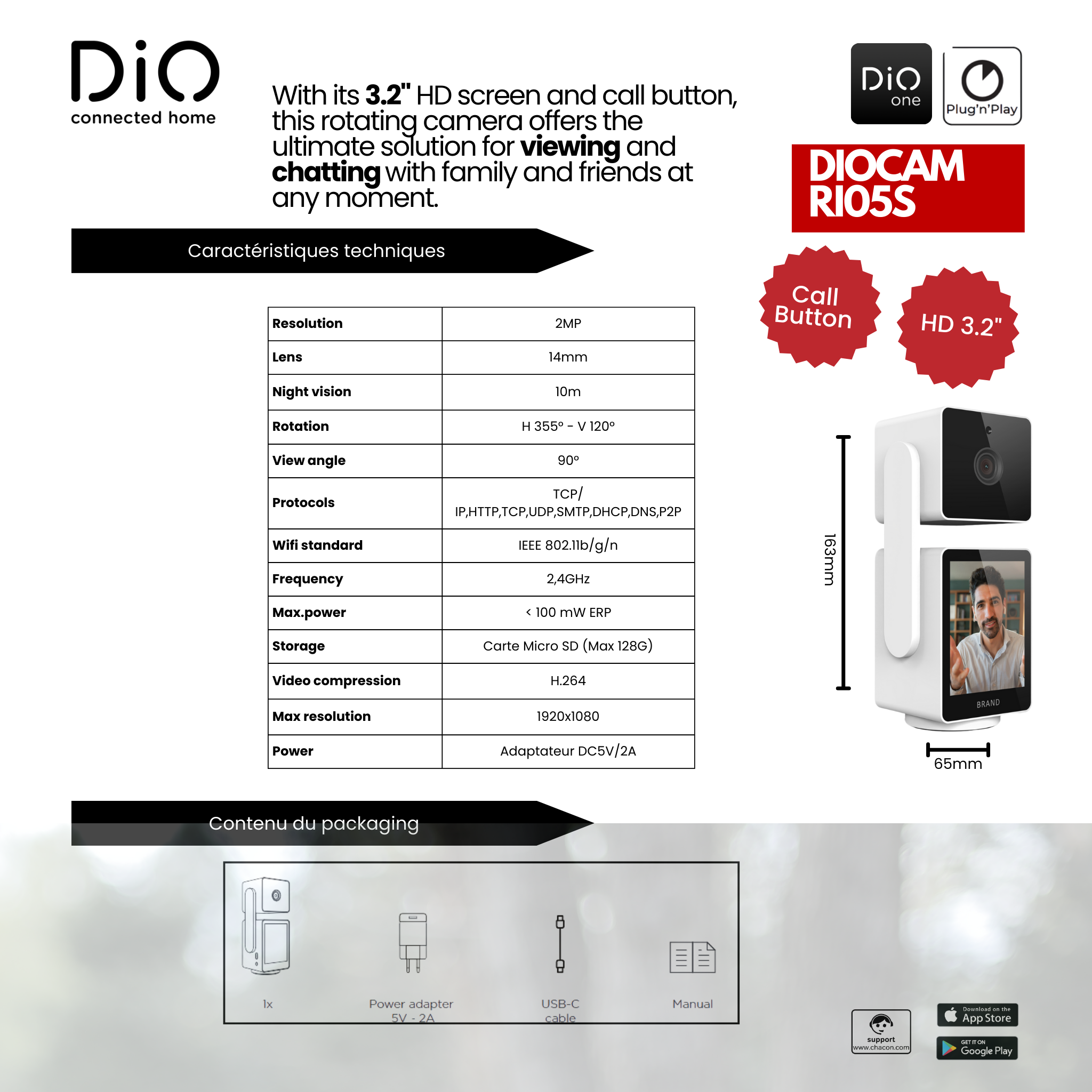 Caméra Wi-Fi rotative intérieure avec mode privé 1920x1080p