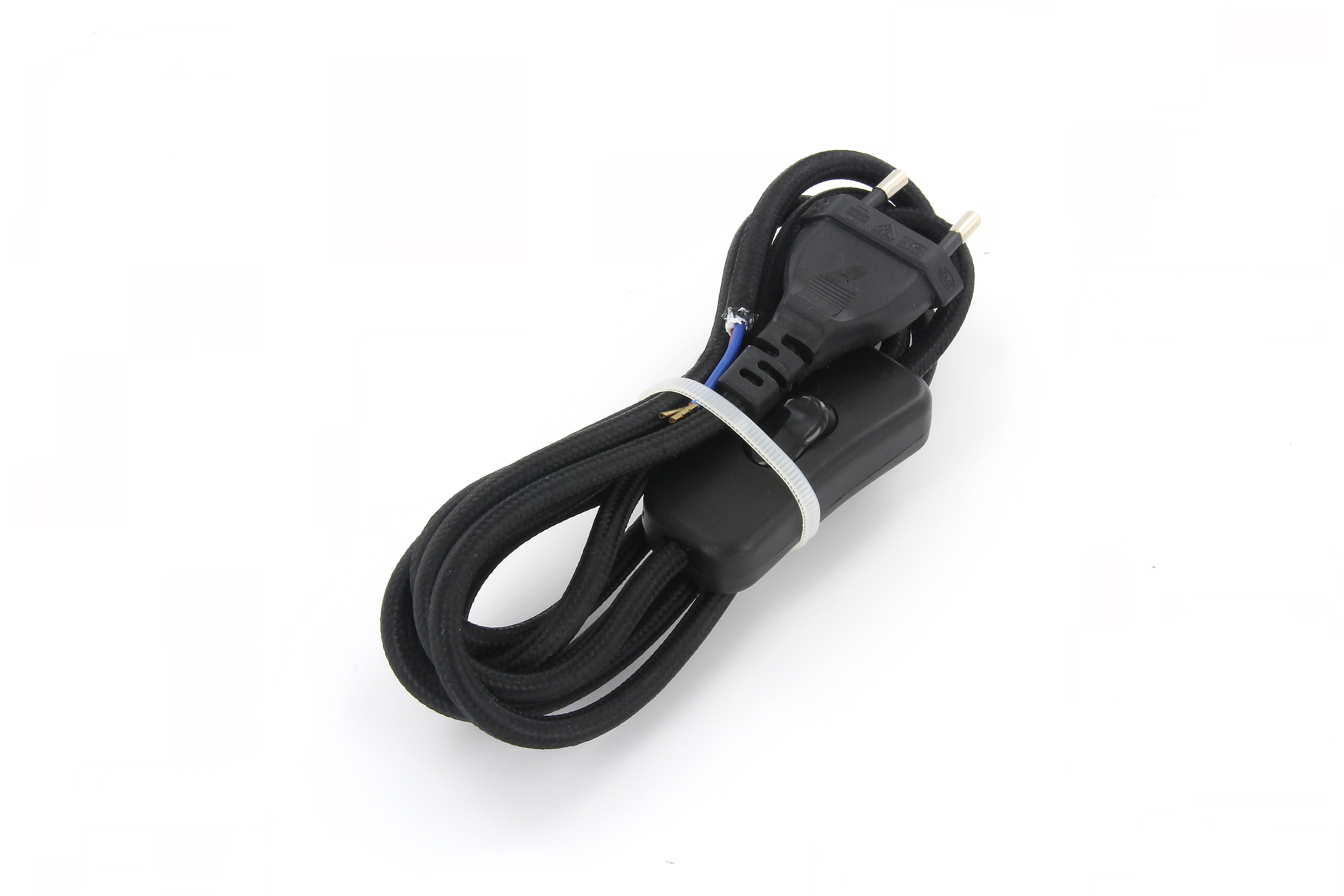 Black fabric cable with switch, - 2 m