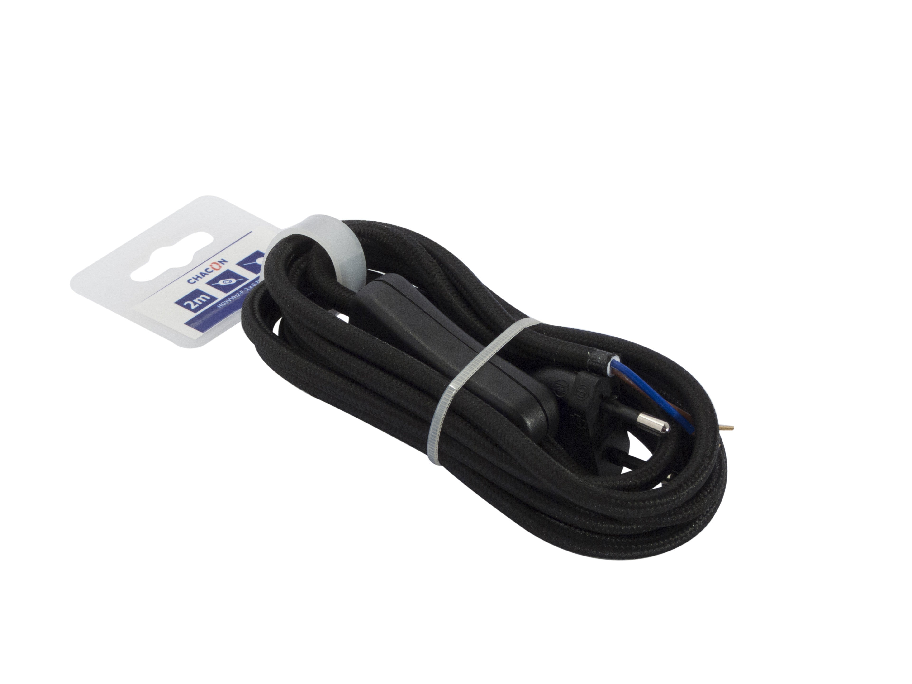 Black fabric cable with switch, - 2 m