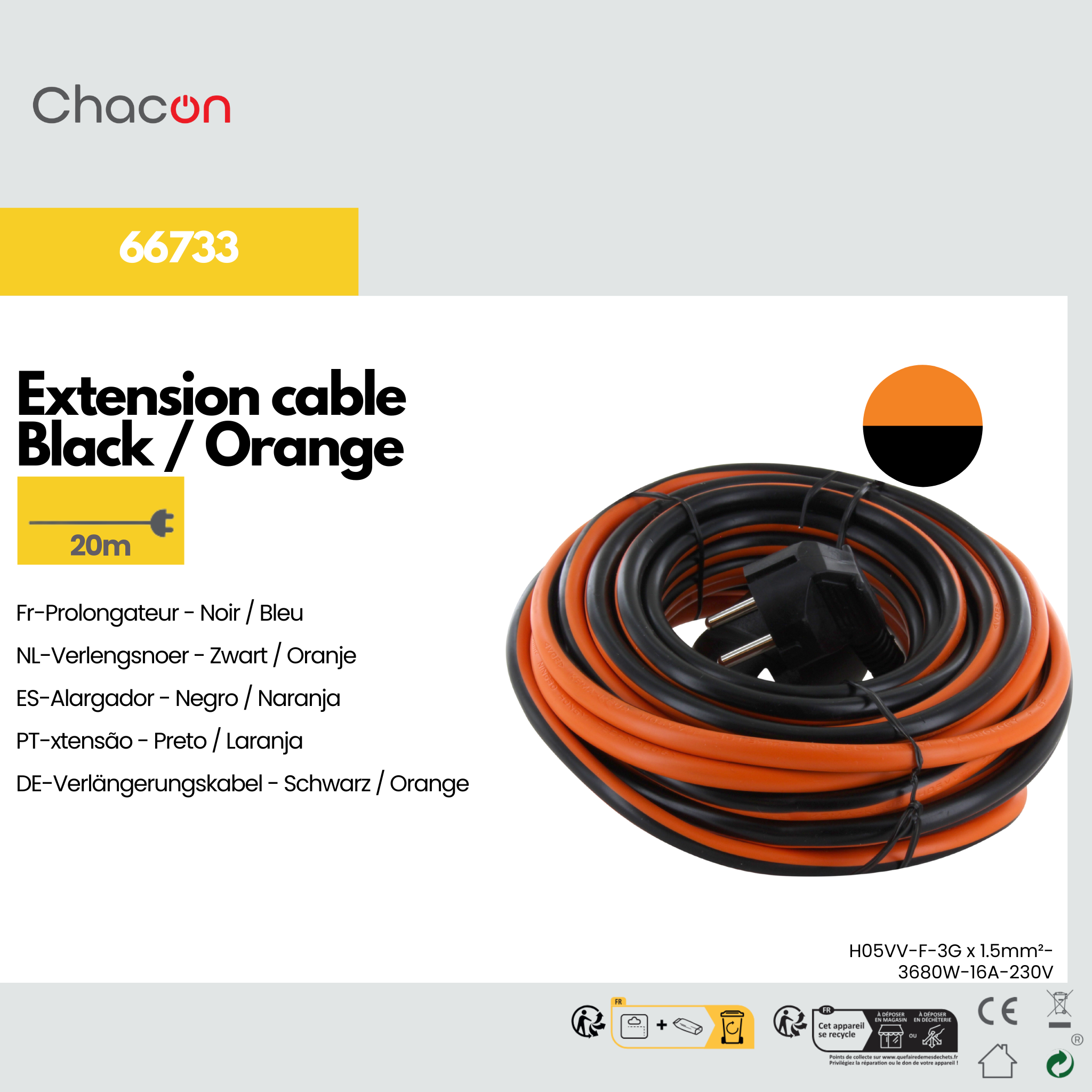Cavo di prolunga - Nero / Arancione - 20 m