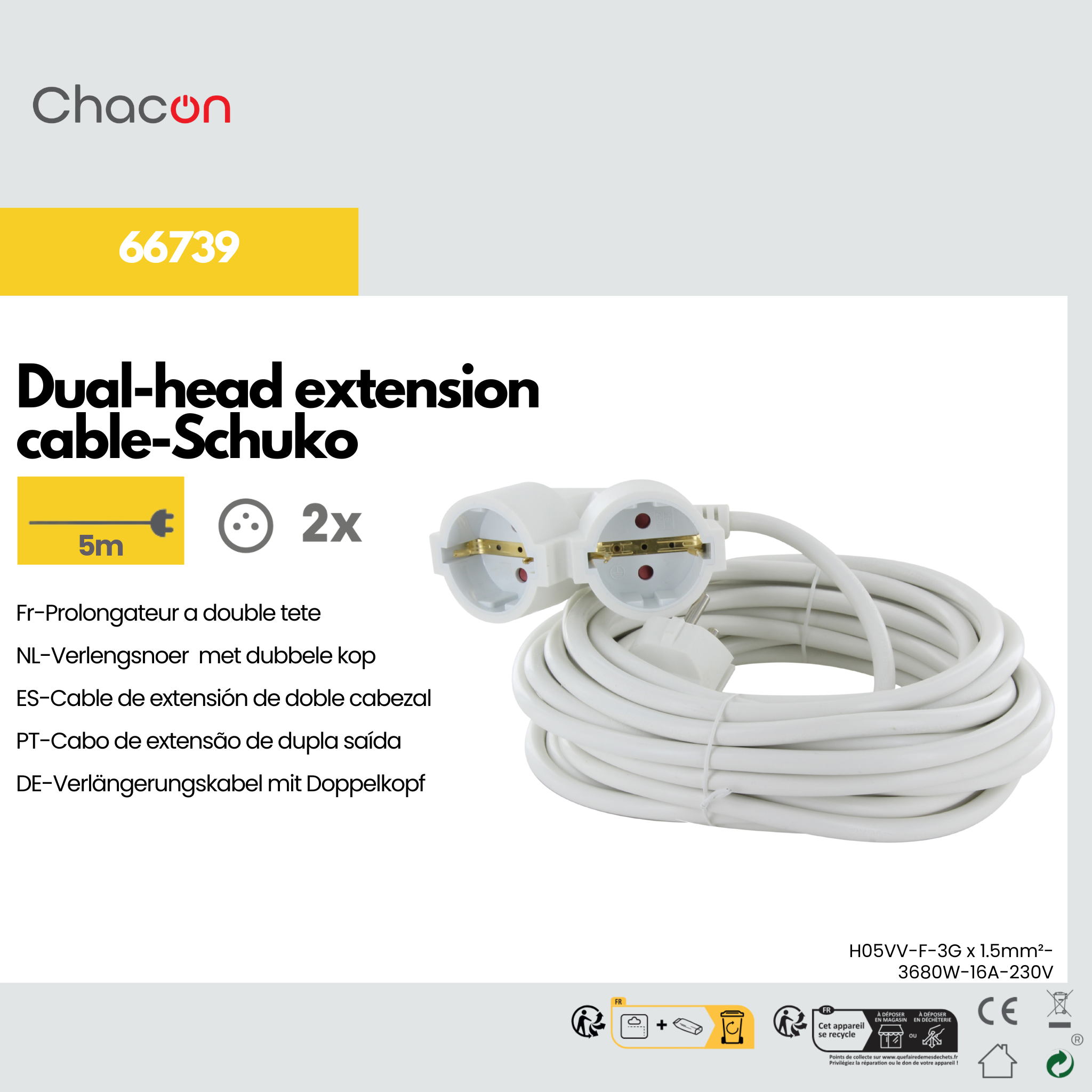 Cabo de extensão HO5VVF 3G1,5 - 5m cabeça dupla branca - SCH