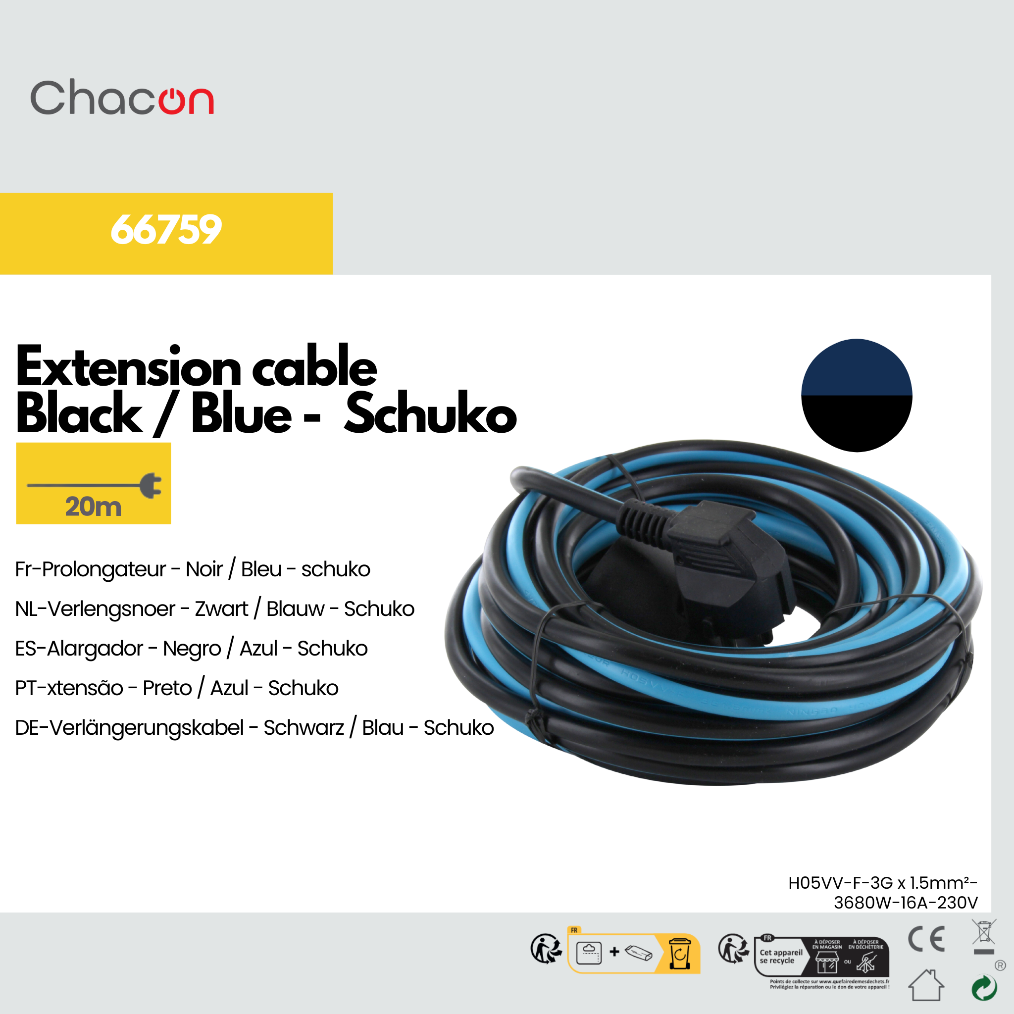 Cavo di prolunga - Nero / Blu - 20 m schuko