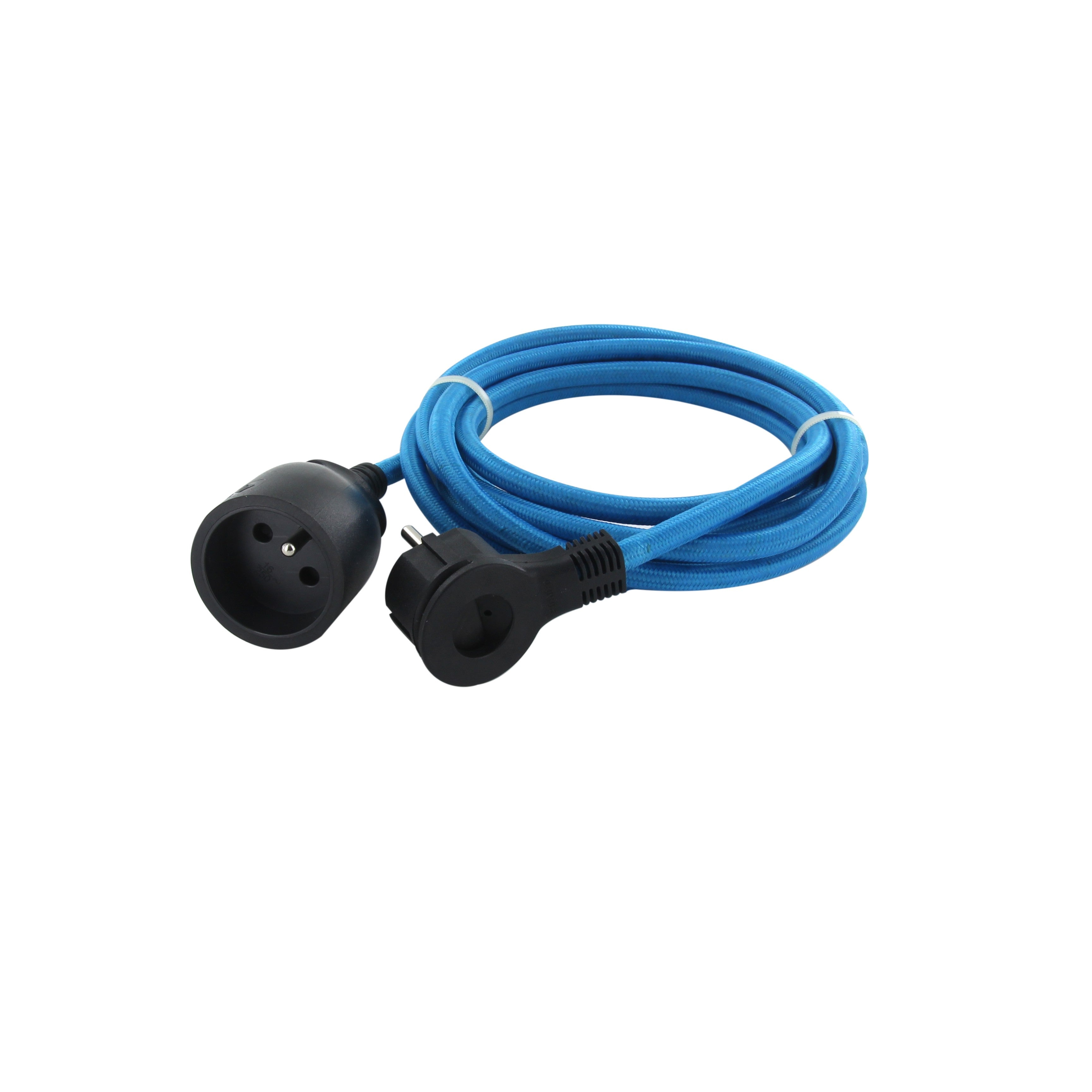Peacock blue textile extension cord - with black flat plug - 3m