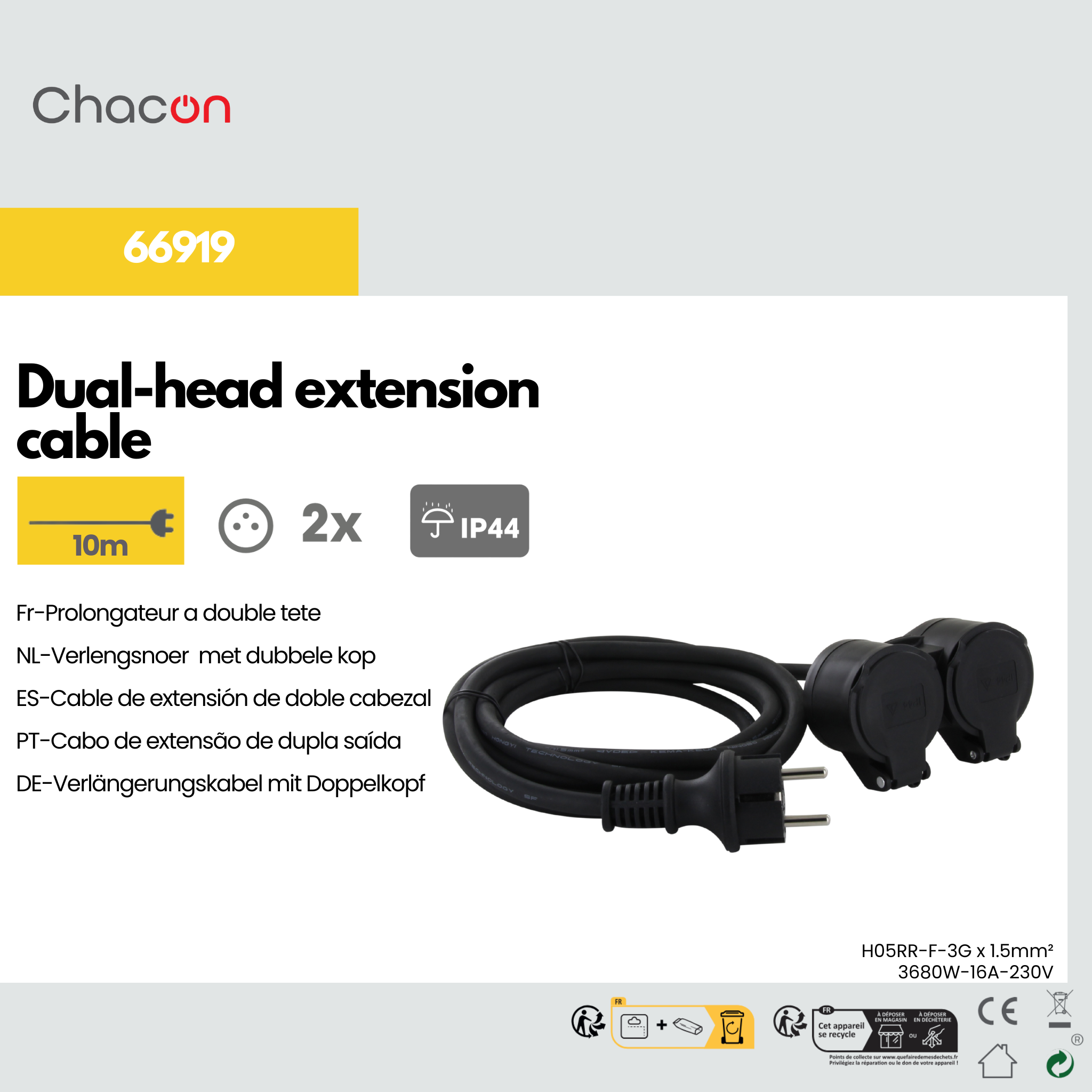Extension cord HO5RR-F 3 x1,5mm2- IP44 Dual-Head - 10m