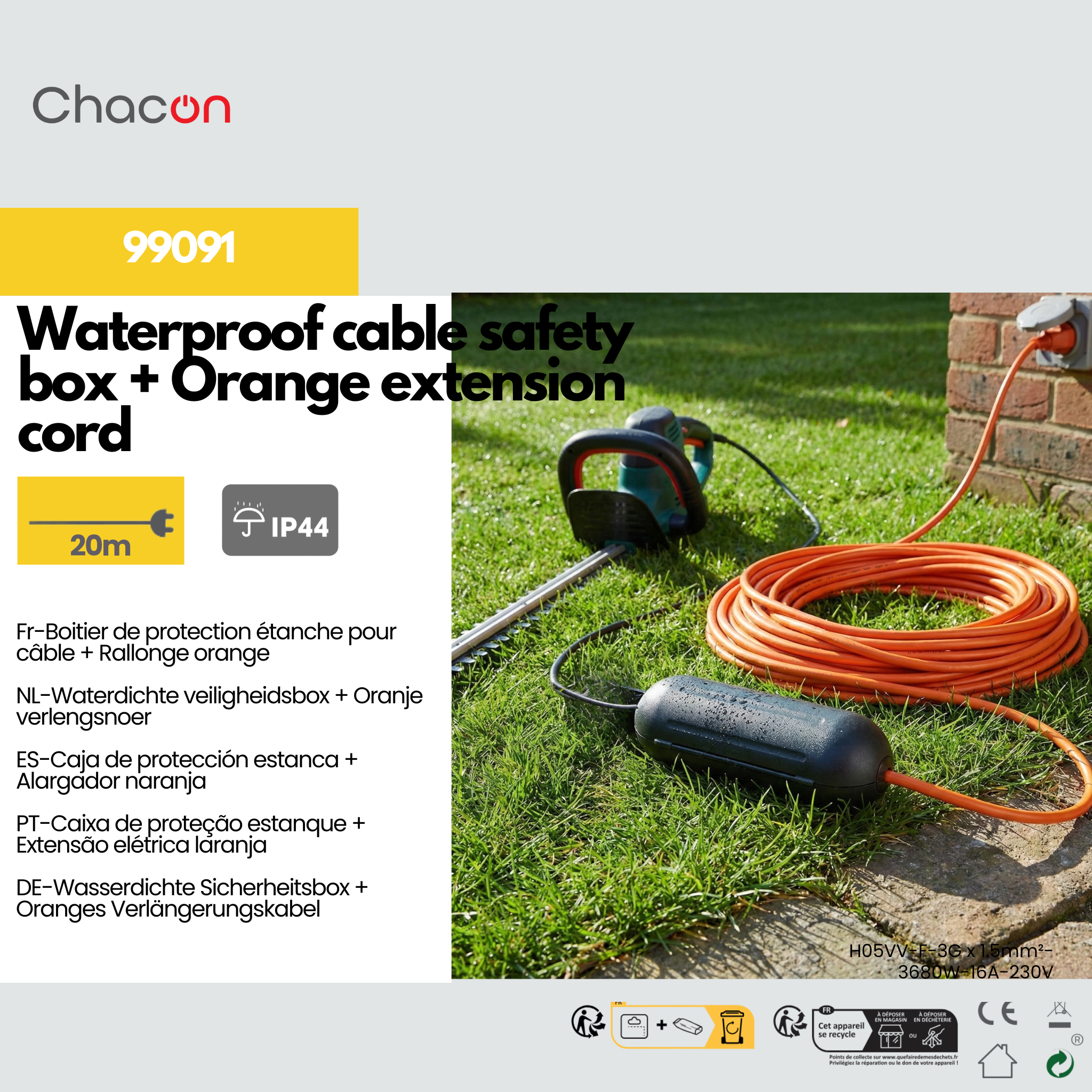 Capa de protecção impermeável para cabo + cabo de extensão laranja - 20 m