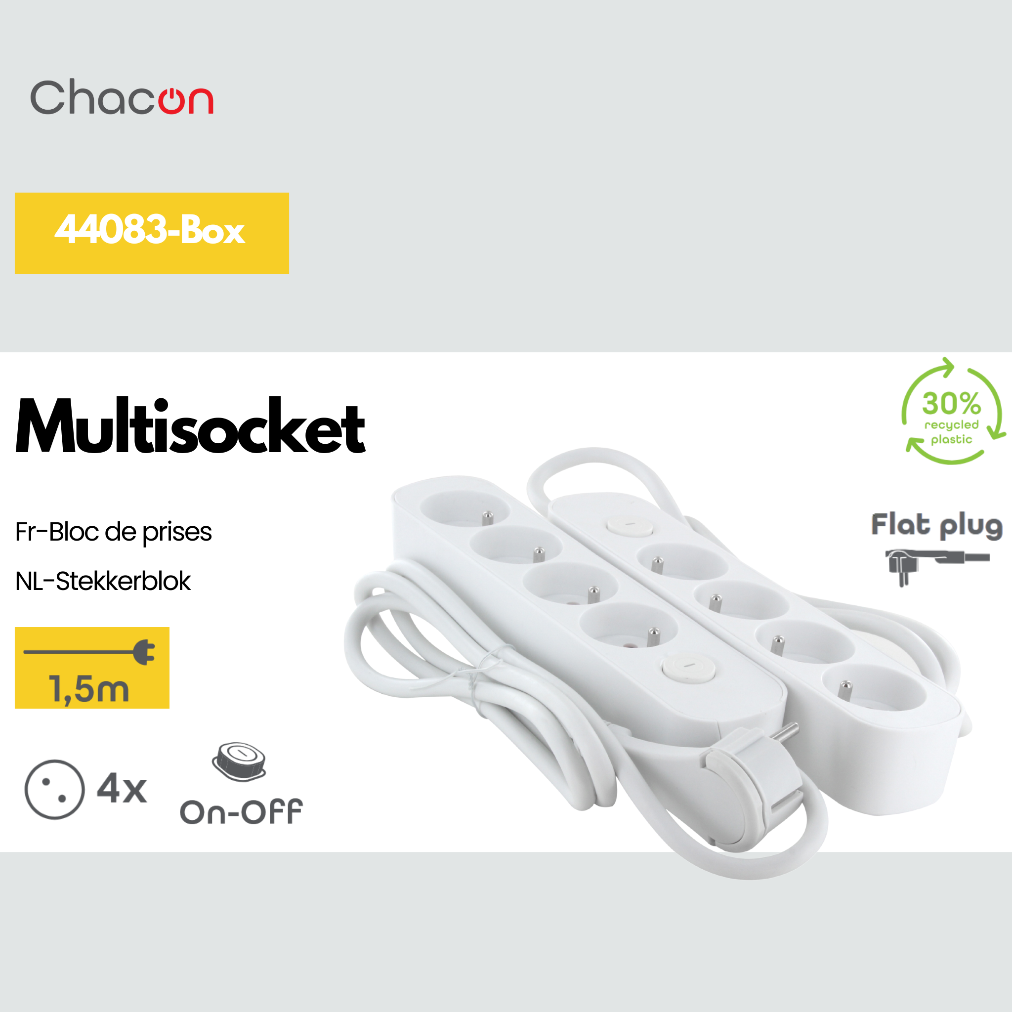 Set aus 2 weißen Steckdosenleisten mit Schalter - 4 x 16 A - 1,5 m