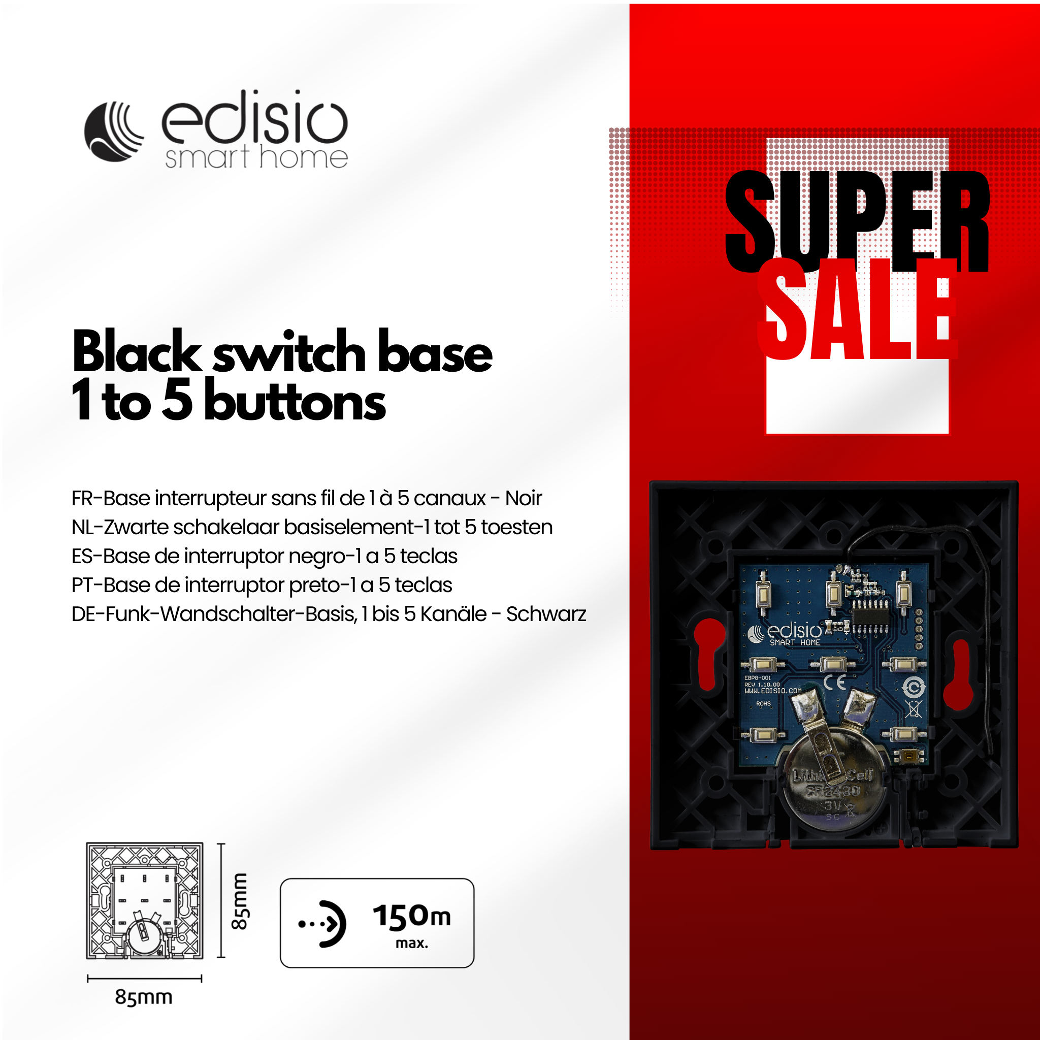 Basisplaat voor draadloze schakelaar, 1 tot 5 kanalen – Zwart