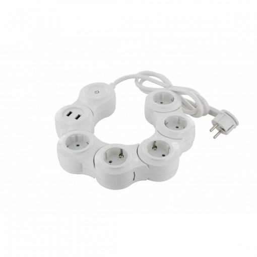 Snake Multistekker - 5 x 16 A+2 x USB - 1.5 m - blanc