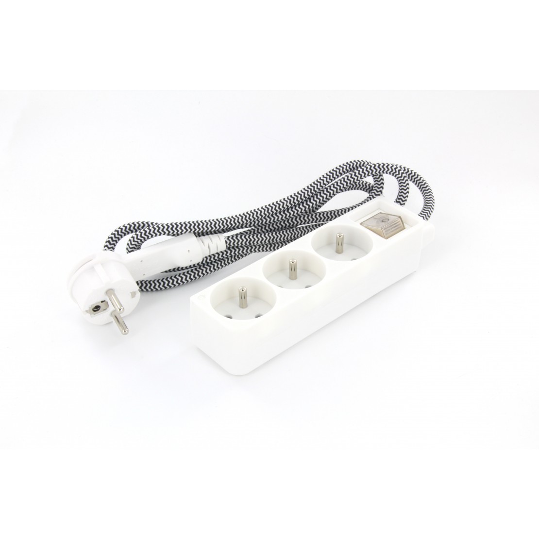 Mini bloc blanc deco 3x16A + câble textile noir/blanc 1,5m + fiche plate