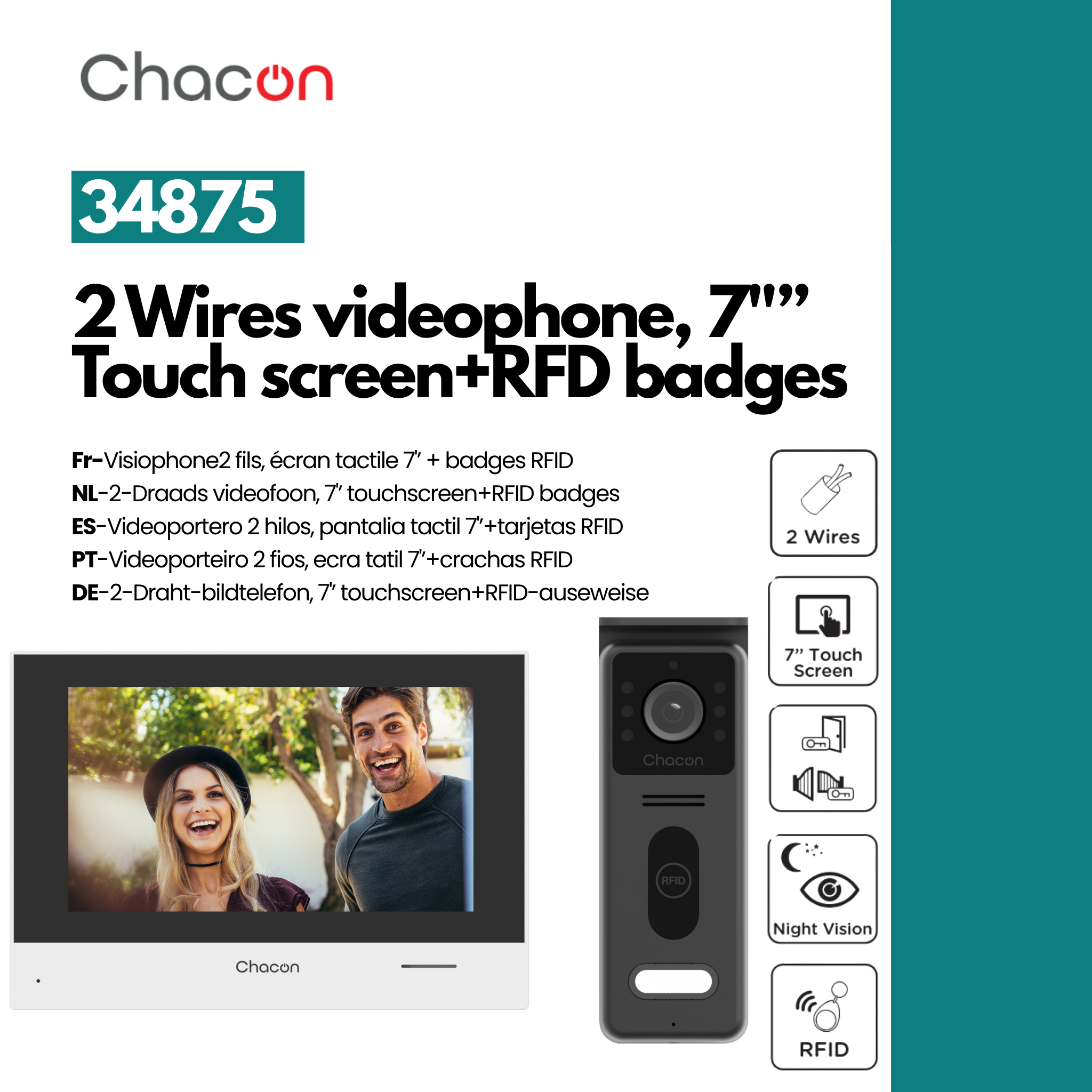 Videoteléfono de 2 hilos con pantalla táctil de 7" y desbloqueo RFID