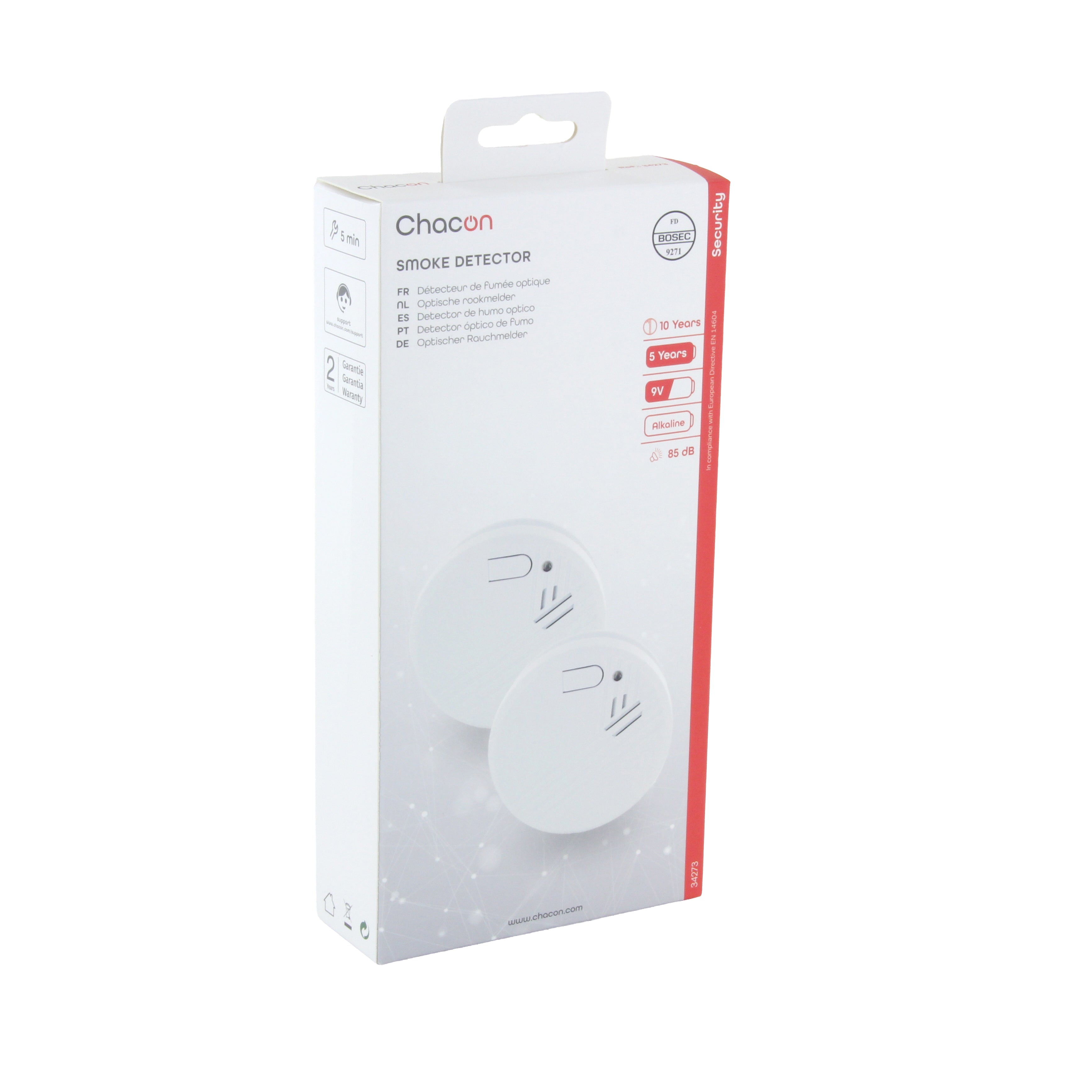 2 optische rookmelders met 9V-alkalinebatterij, 5 jaar