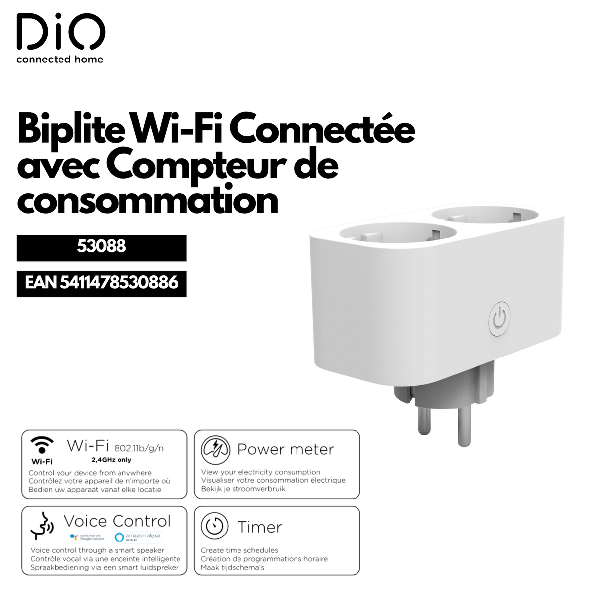 WI-FI dubbele stopcontact met stroommeter - Wit
