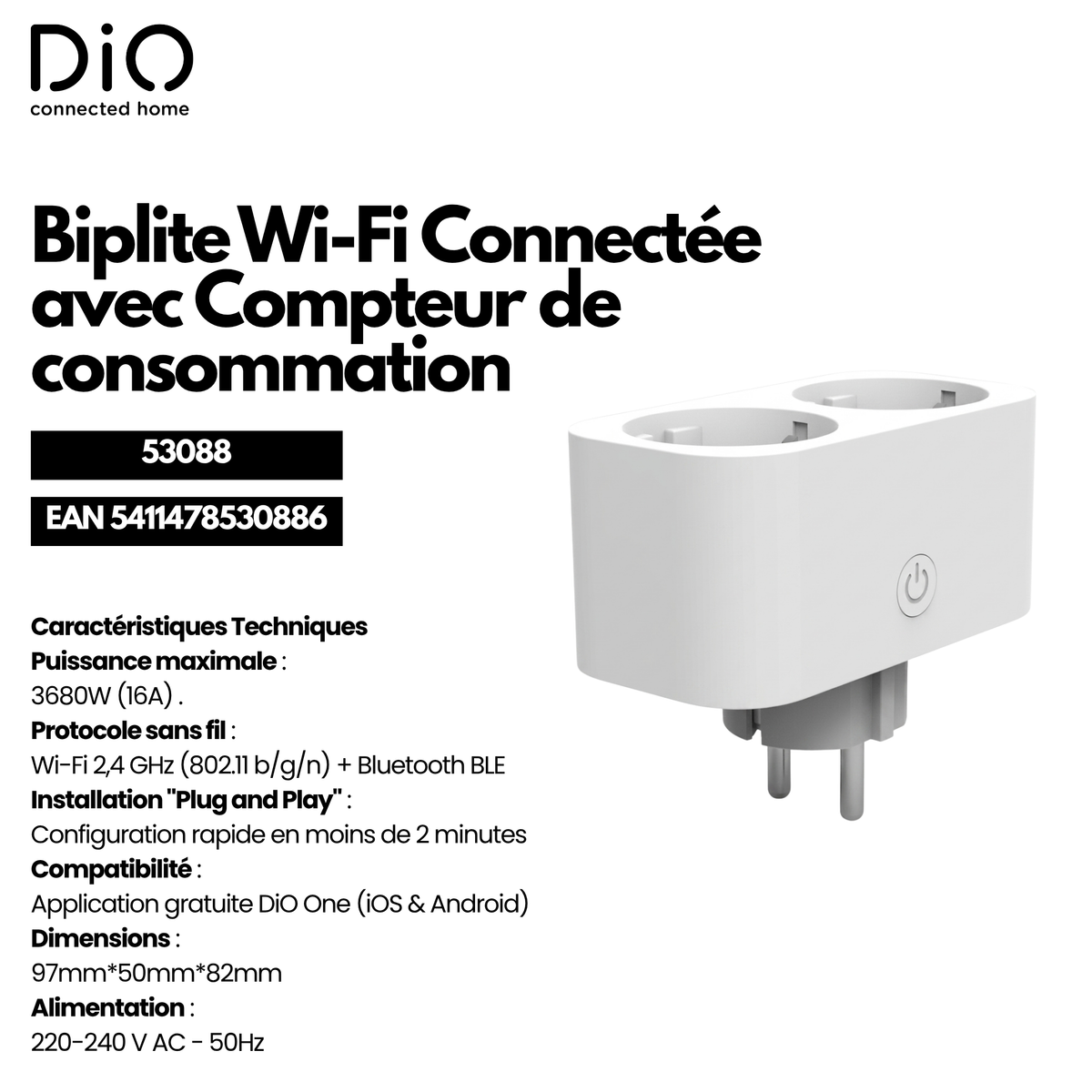 WI-FI dubbele stopcontact met stroommeter - Wit