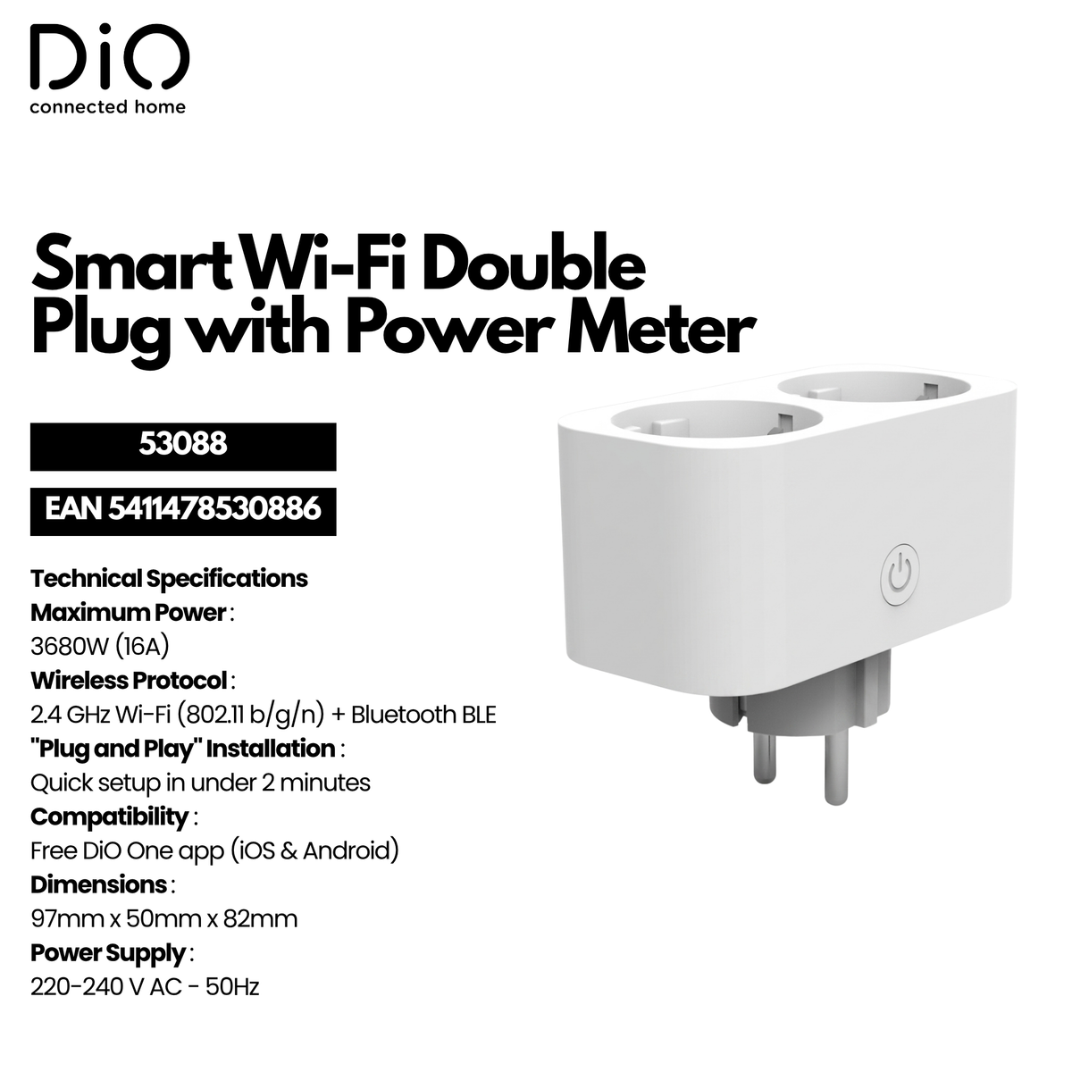 WI-FI dubbele stopcontact met stroommeter - Wit