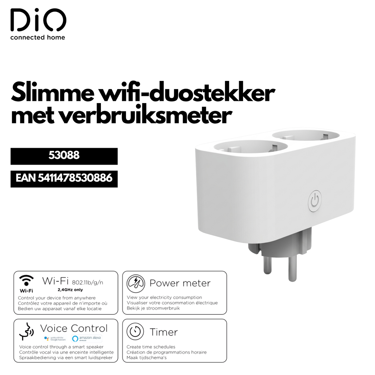 WI-FI dubbele stopcontact met stroommeter - Wit