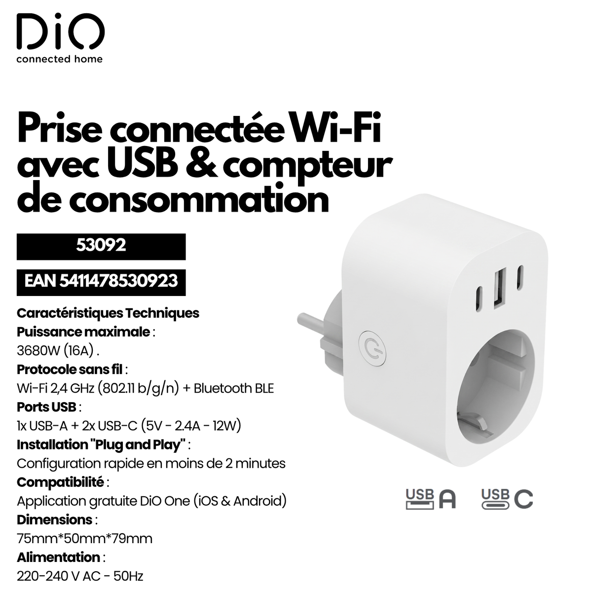 Tomada WI-FI com medidor de energia + 1xUSB-A e 2xUSB-C - Branca