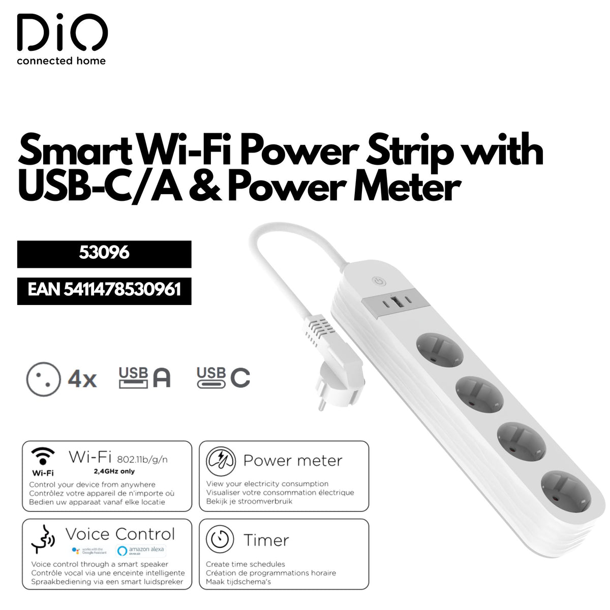 WI-FI white power strip with power meter 4x16A + 2xUSB-C and 1 xUSB-A 1,5m
