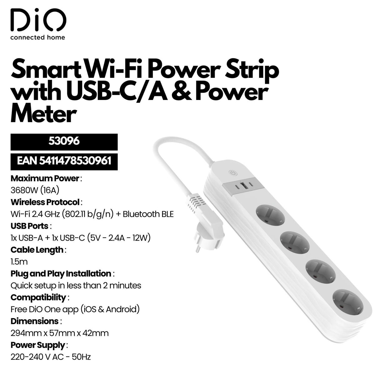 WI-FI white power strip with power meter 4x16A + 2xUSB-C and 1 xUSB-A 1,5m