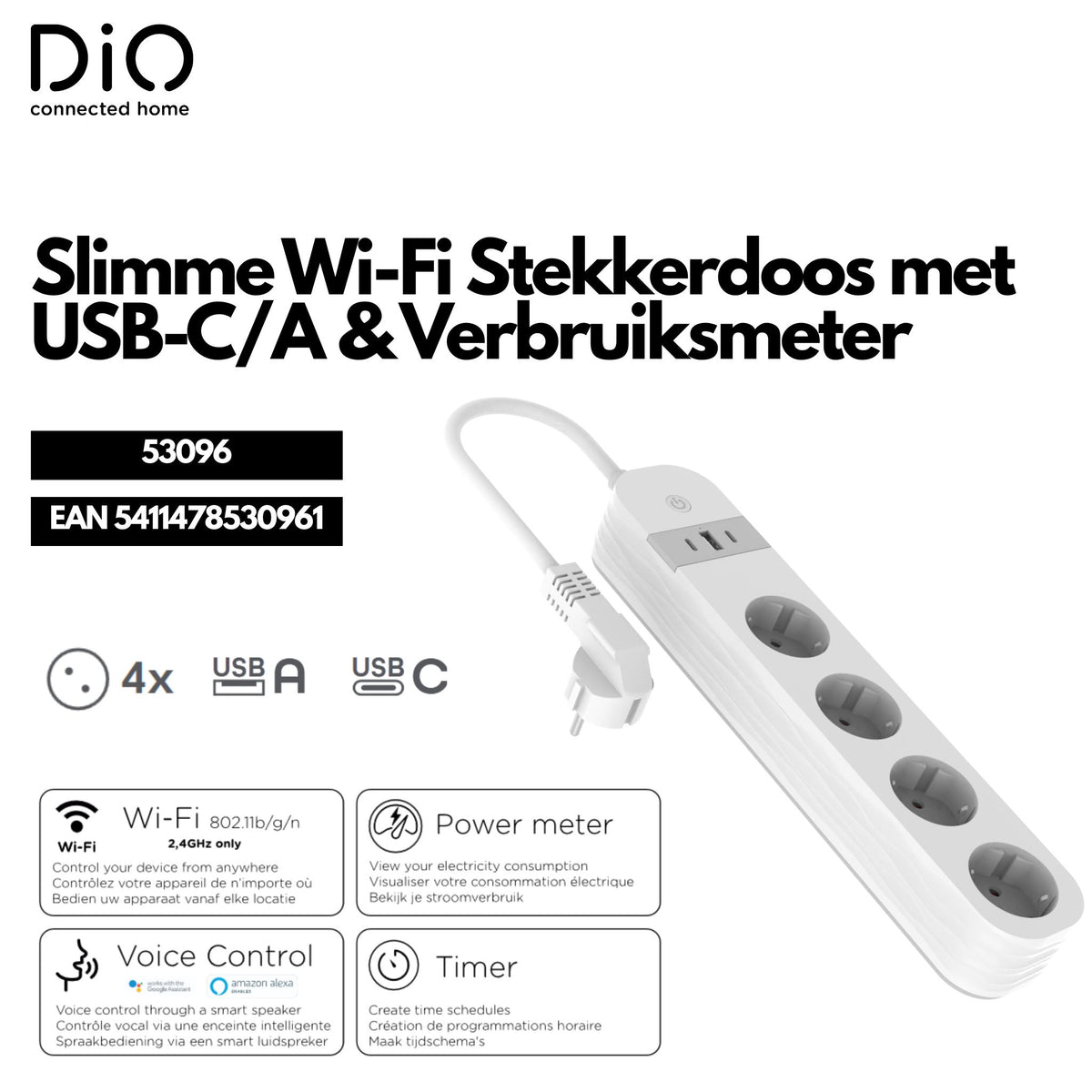 WI-FI white power strip with power meter 4x16A + 2xUSB-C and 1 xUSB-A 1,5m