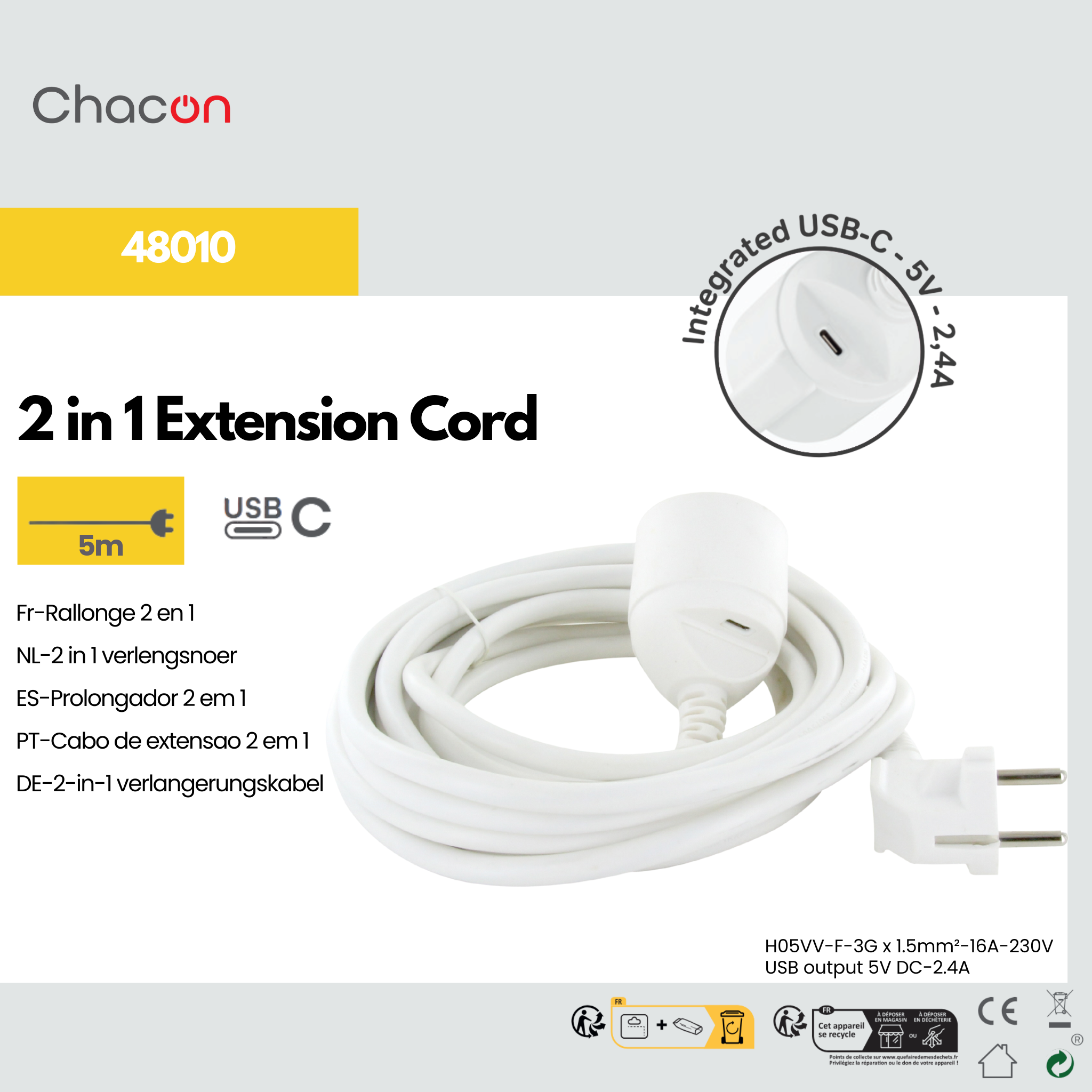 Cable de extensión + USB-C - Blanco - 5m