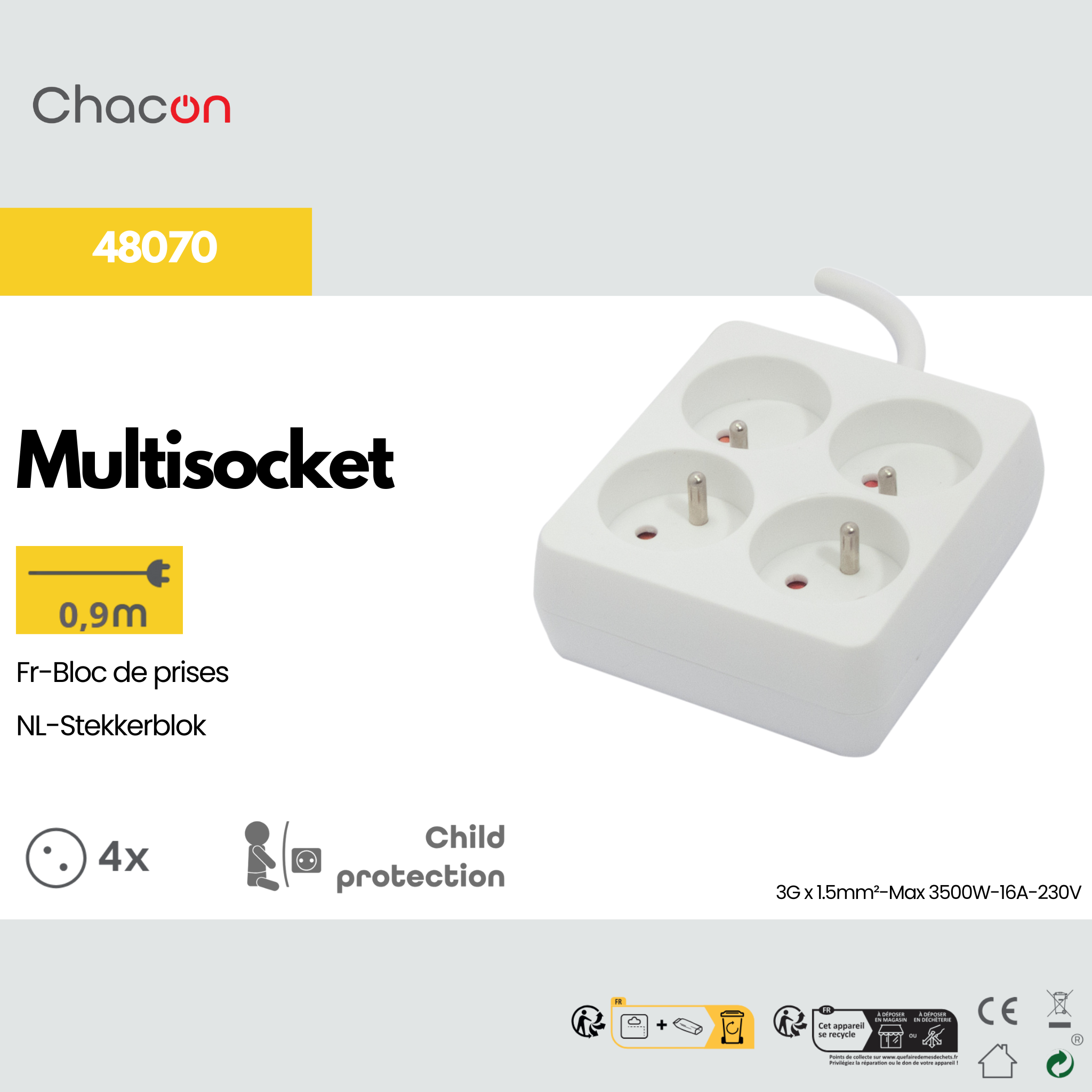 Square power strip 4 x 16 A - 1.5 m - White