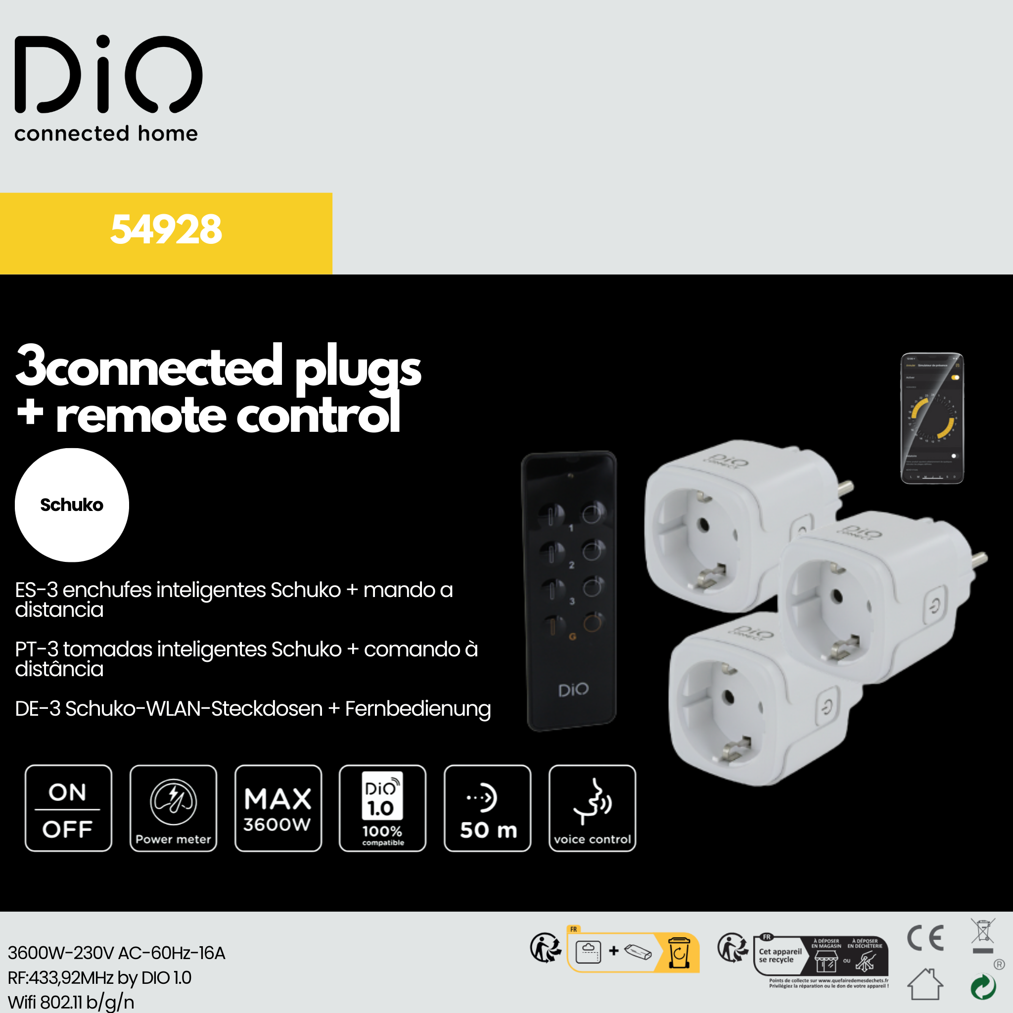 DiO Connect - 3 Prises WIFI et RF433MHz (SCH - Type F) + télécommande