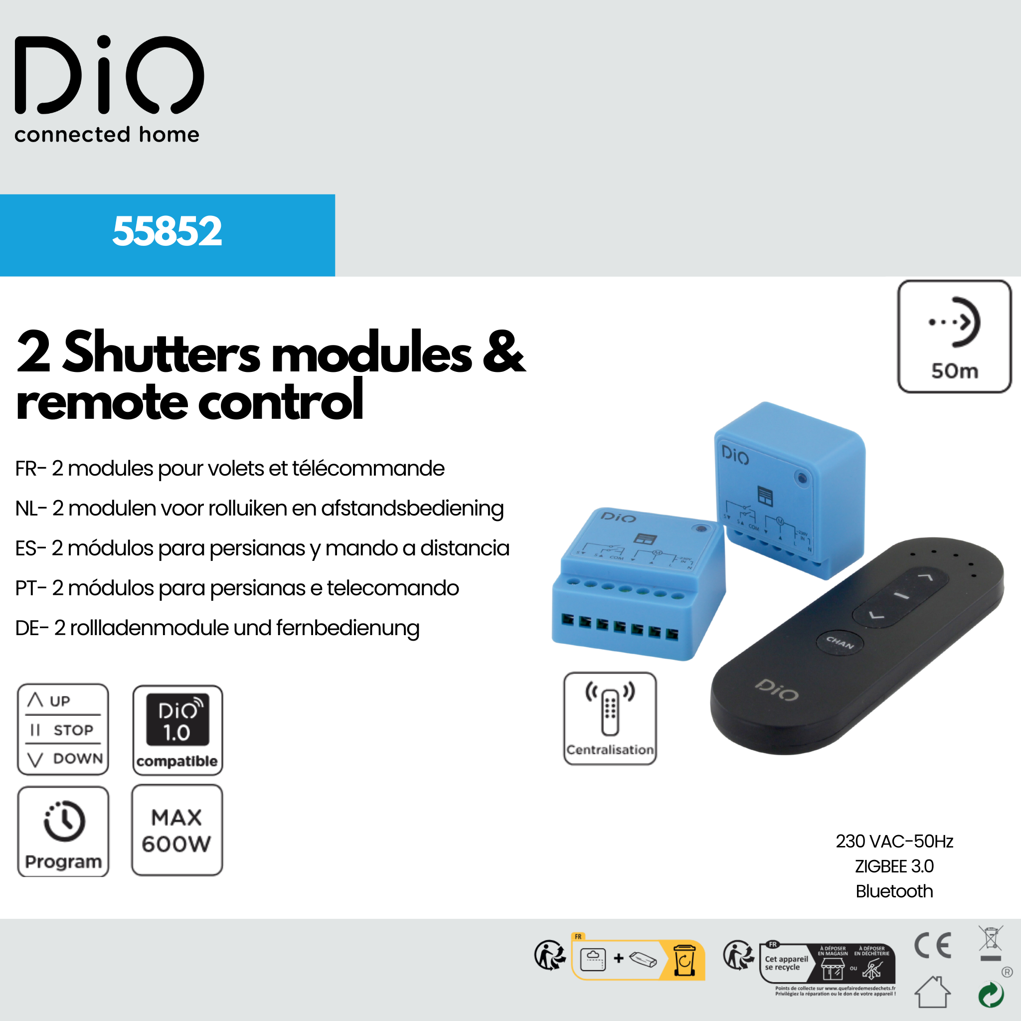 Kit de 2 módulos de persiana con mando a distancia de 5 canales (433 MHz / Zigbee / BLE)