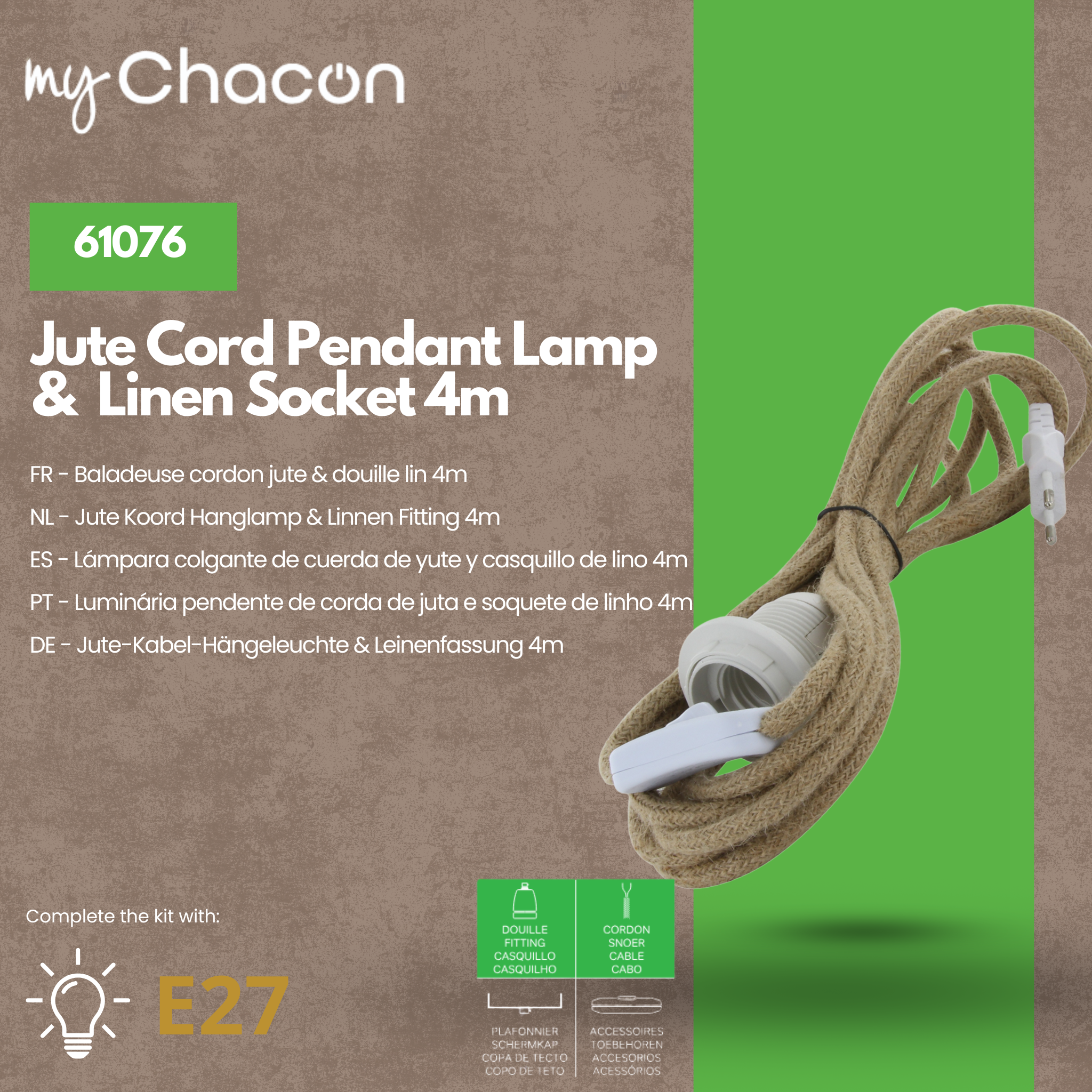 Pendant lights with switch in jute