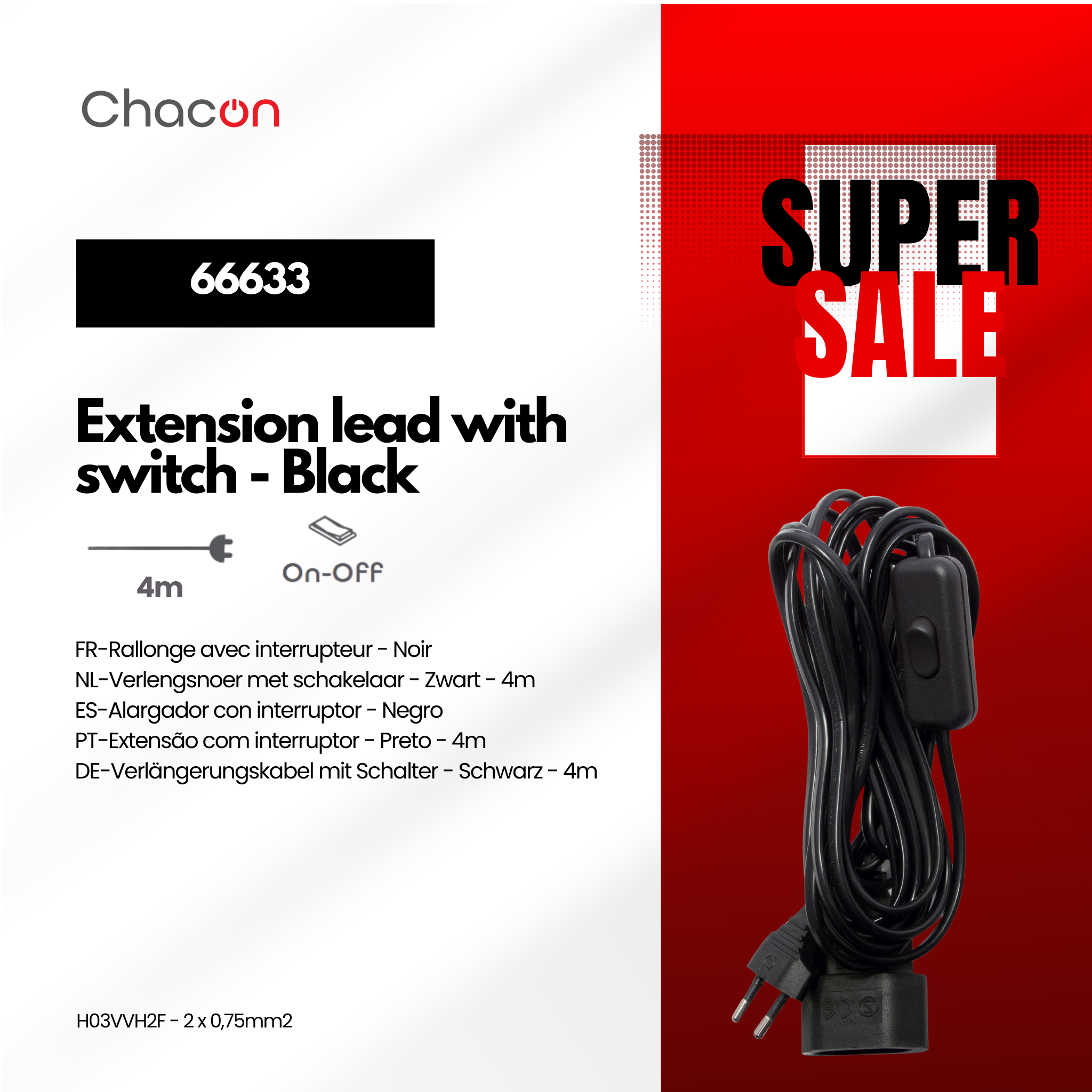 Rallonge avec interrupteur - Noir - 4m
