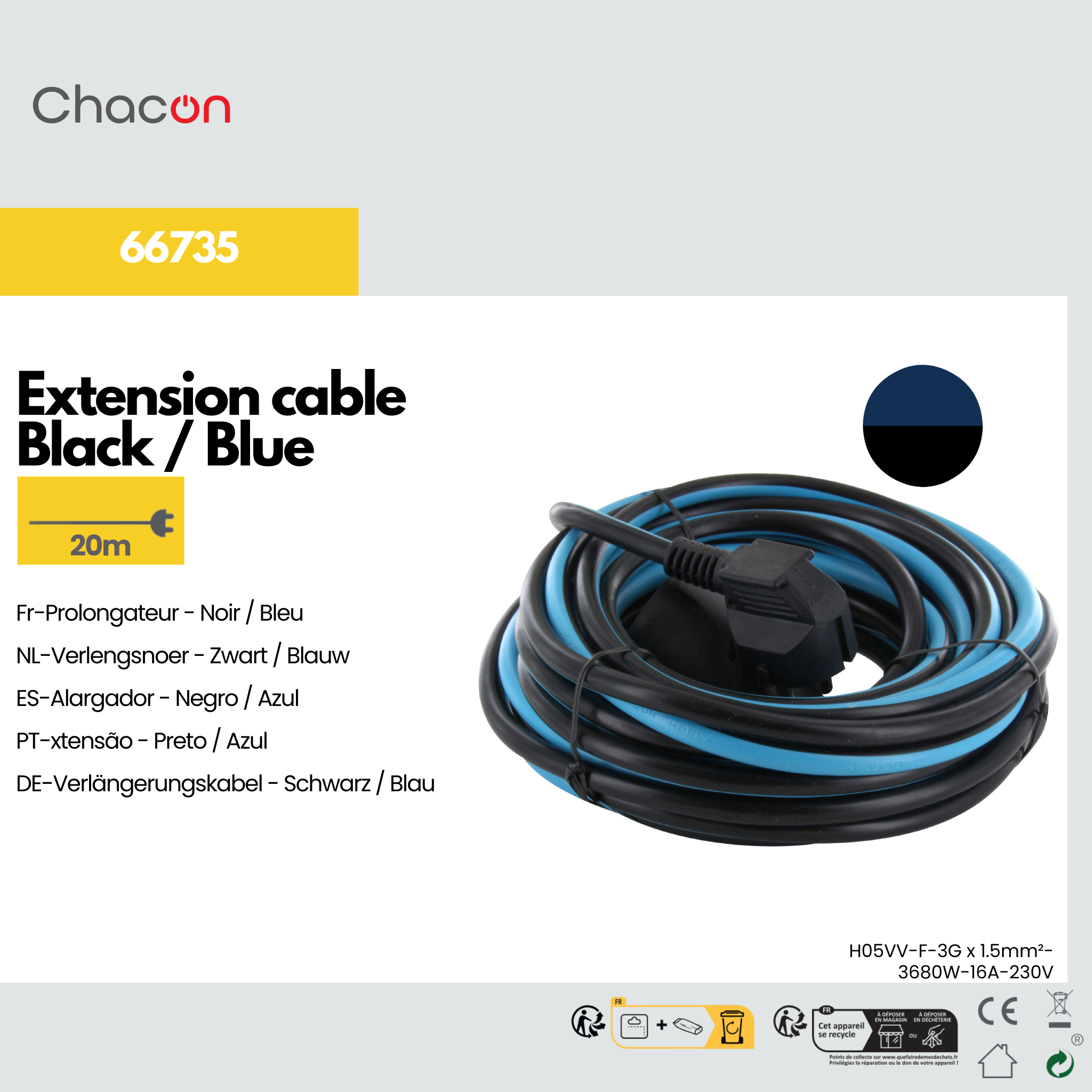 Cavo di prolunga - Nero / Blu - 20 m