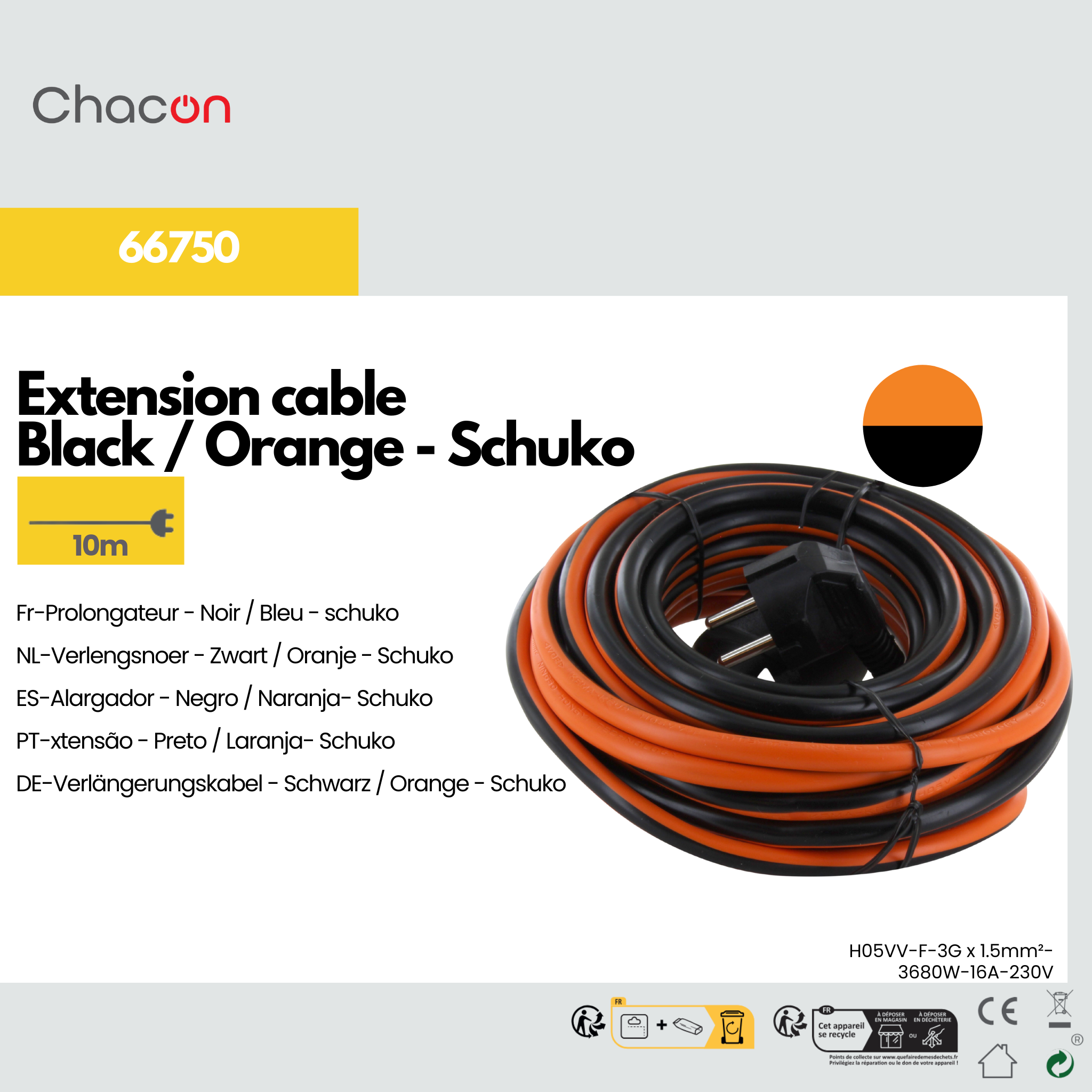 Cavo di prolunga - Nero / Arancione - 10 m schuko