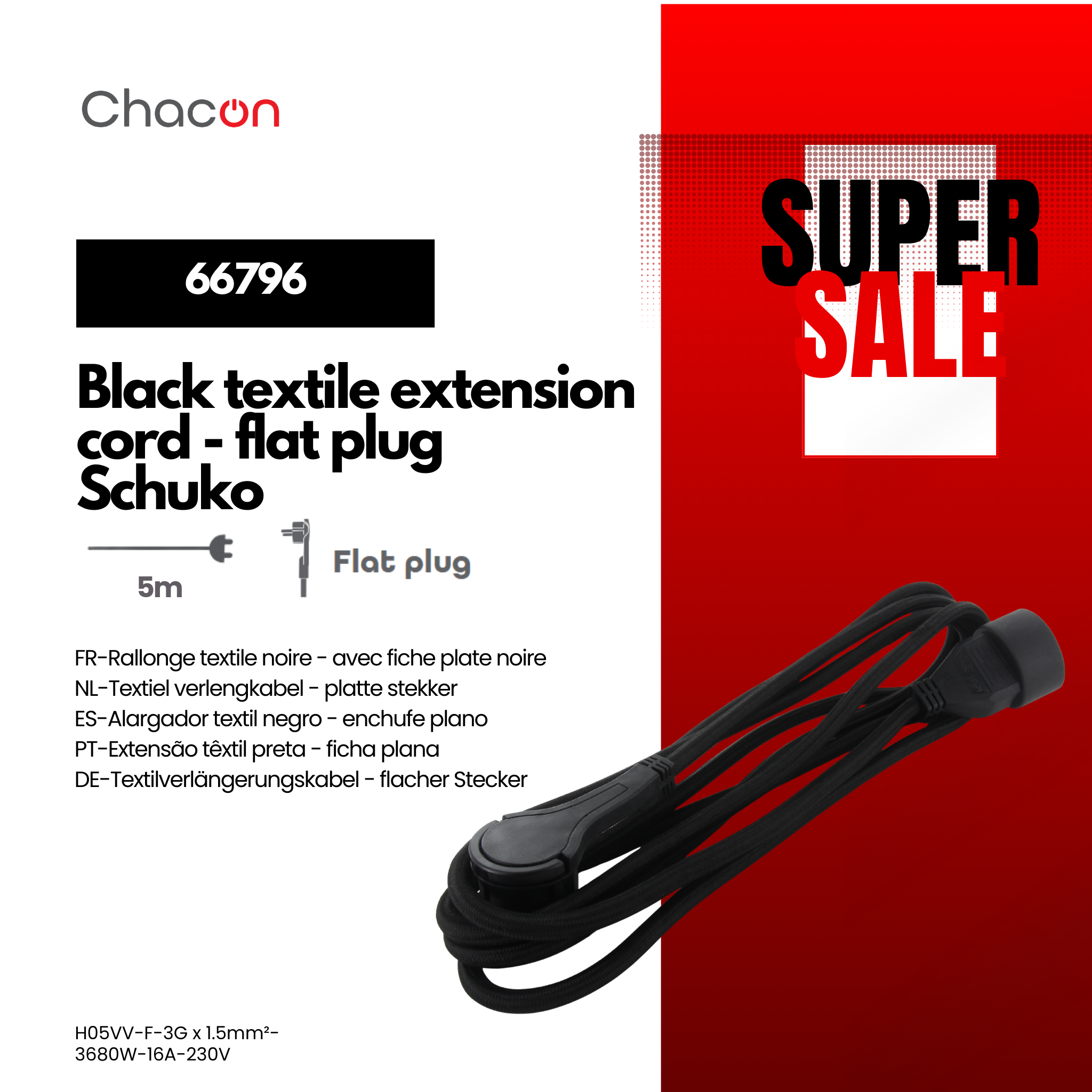 Prolunga tessile nera - con spina piatta nera - 5m (SCH)