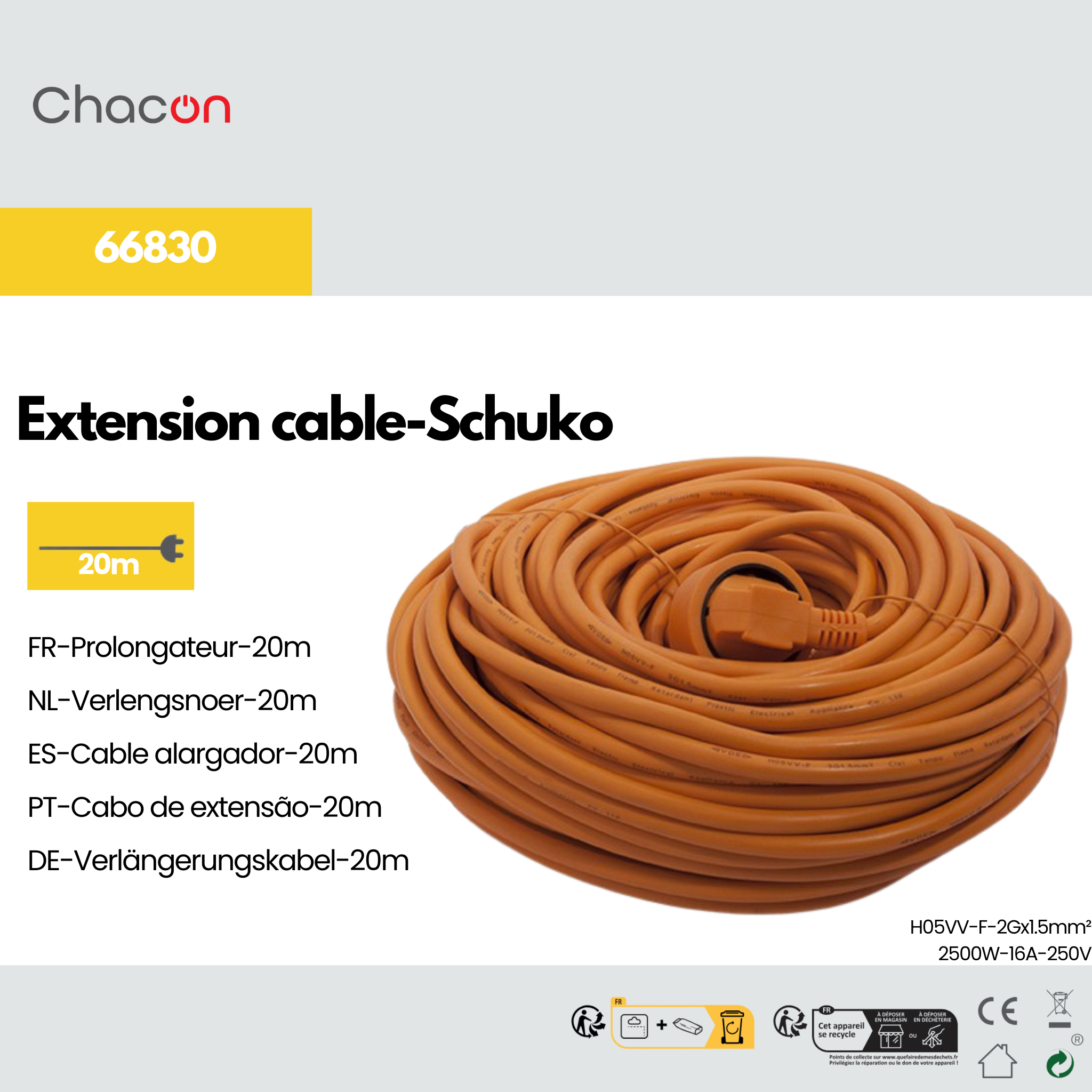 Extension cable 20 m orange - SCH socket