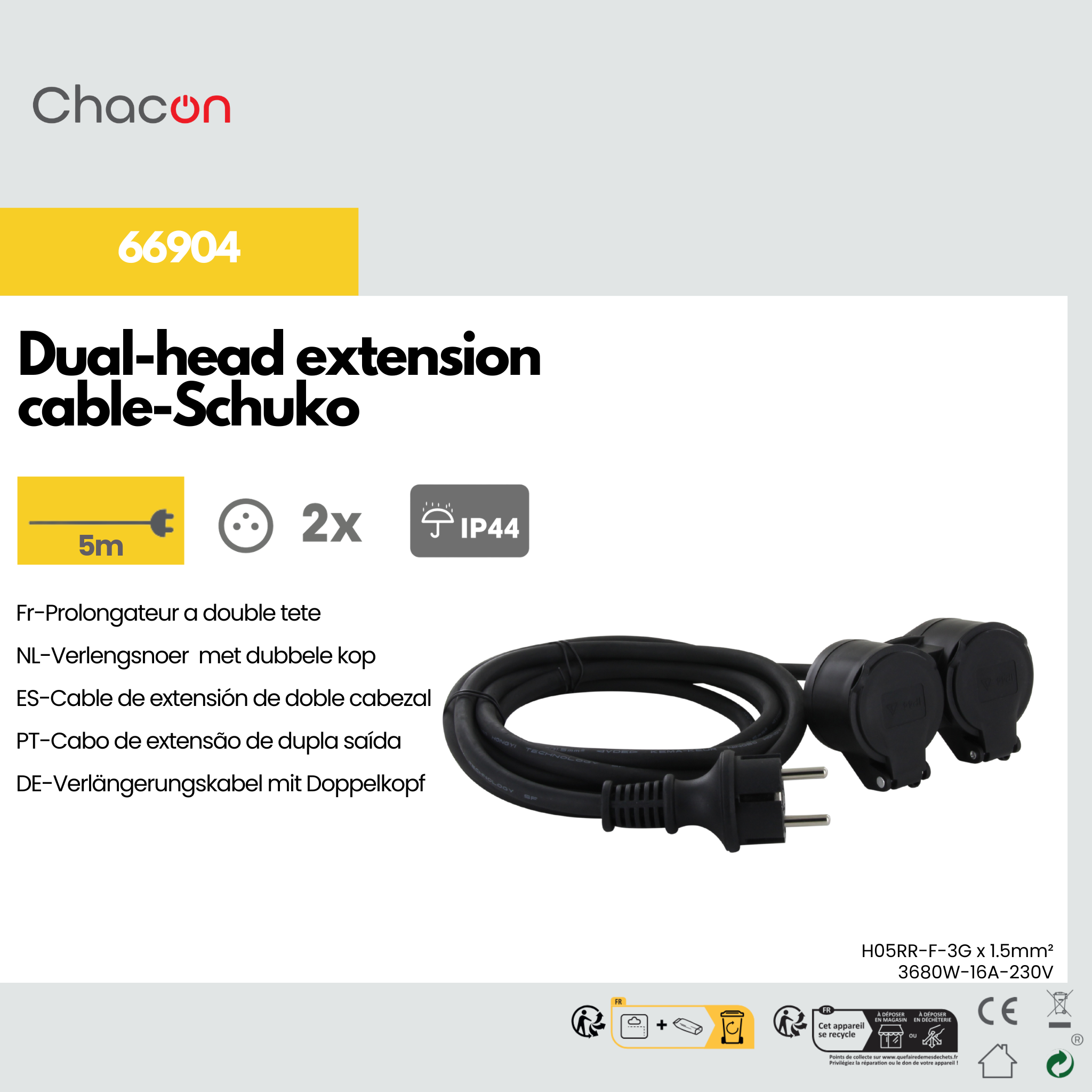 Extension cord HO5RR-F 3 x1,5mm2- IP44 Dual-Head - 5m - SCH
