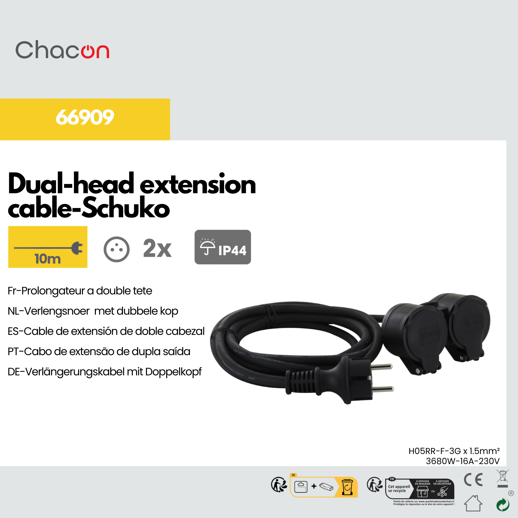 Cabo de extensão HO5RR-F 3 x1,5mm2- IP44 Dual-Head - 10m - SCH