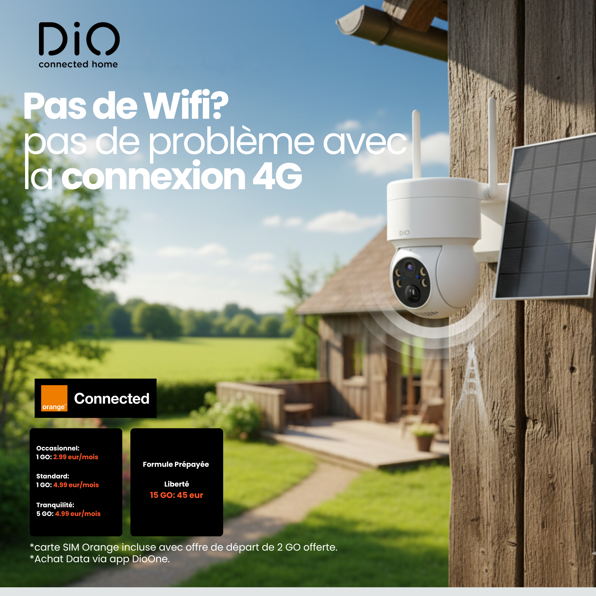 DiO Cámara giratoria inalámbrica 4G para exteriores alimentada por batería con panel solar