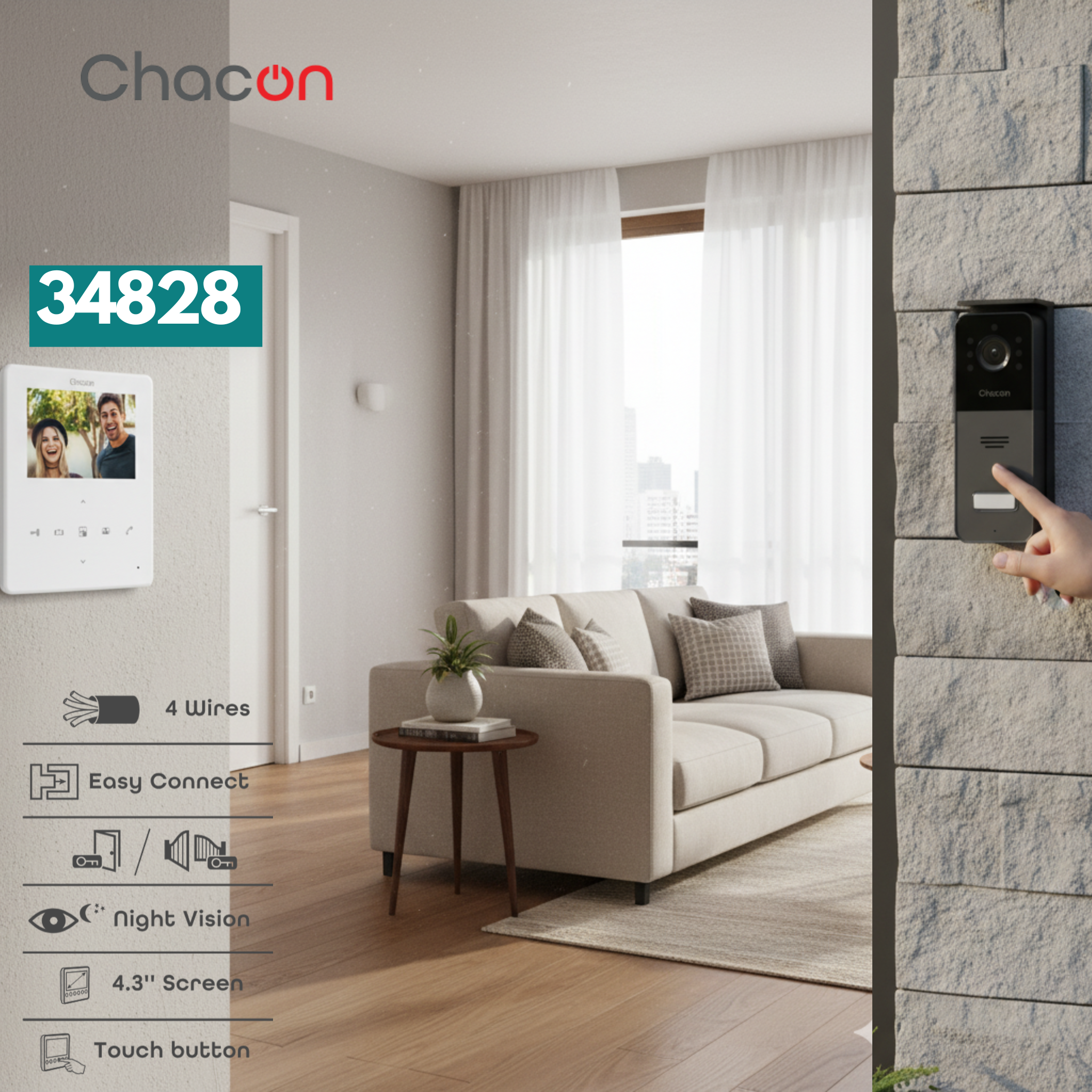 Videoteléfono con cable de 4,3" y pantalla táctil (4 hilos)