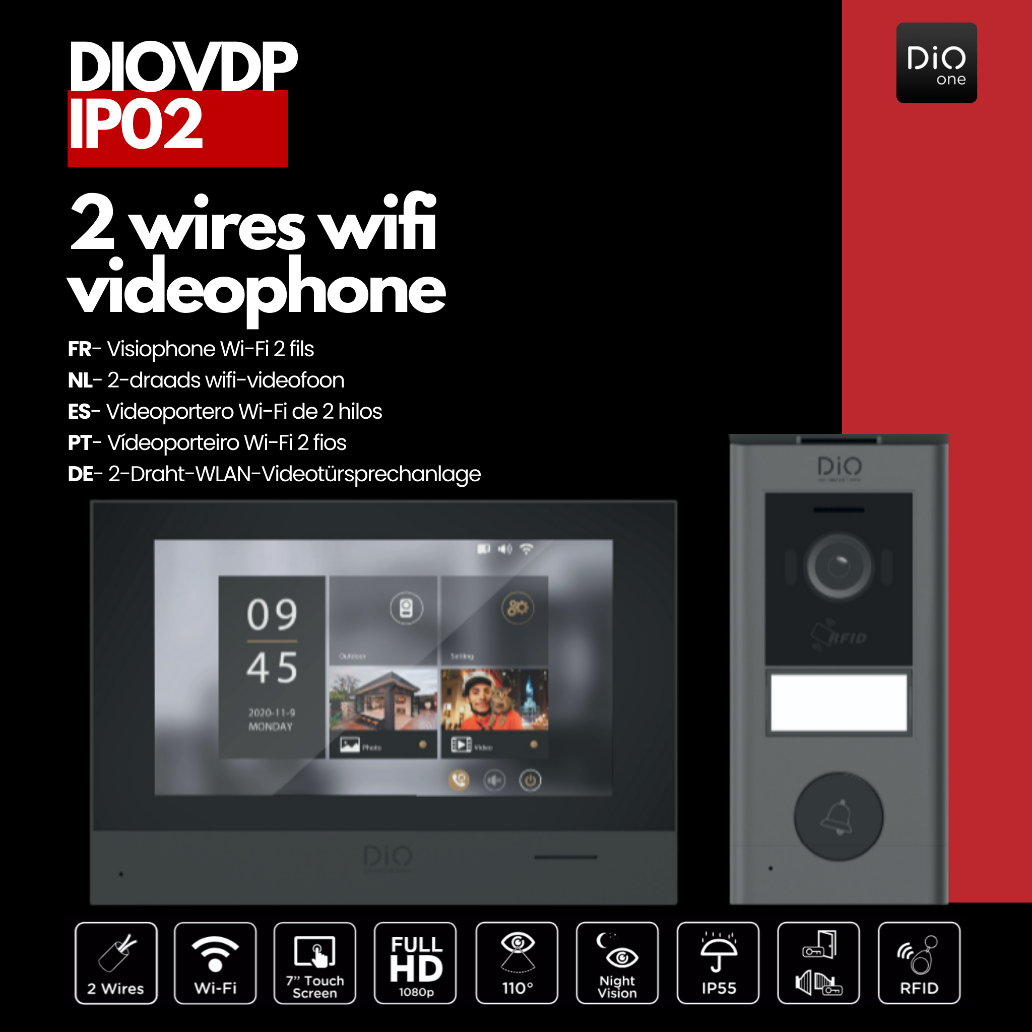 Bedrade DiO videofoon met WiFi, 7" touchscreen en RFID-opening
