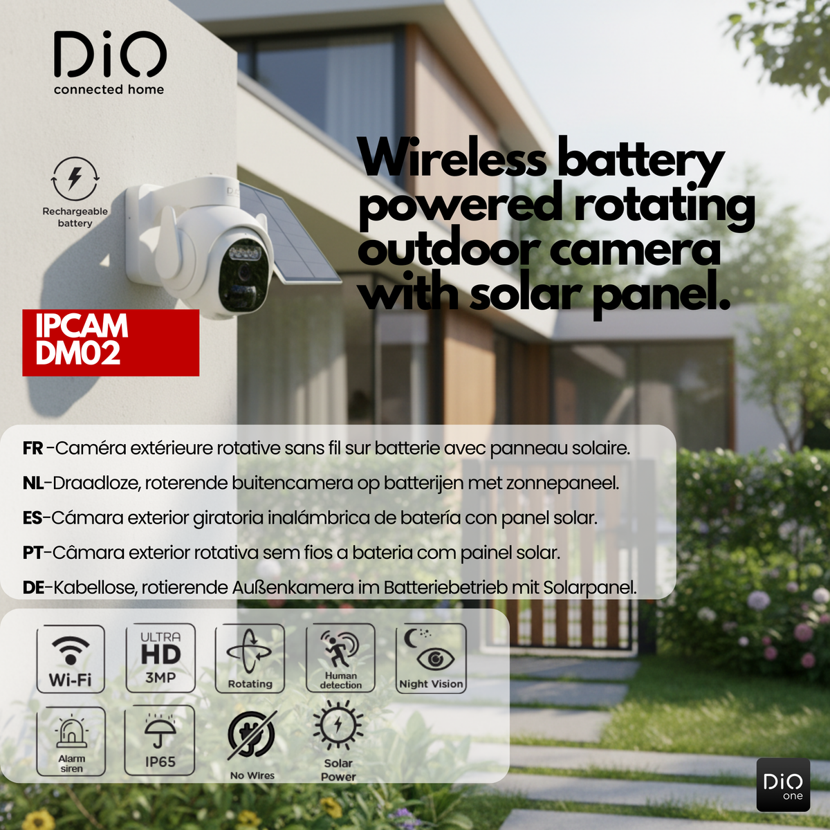 Caméra WiFi rotative d’extérieure sans fil avec panneau solaire